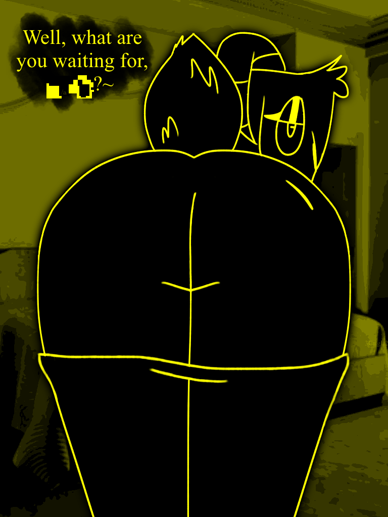 ;) ambiguous_pov? anthro ass ass_focus bedroom_eyes bent_over big_ass black_fur cait_oconbhuidhe cait_oconbhuidhe_(deltagrad124) caitsquartrs caprine censored_text eyelashes eyeliner fang female find_me fluffy_tail fur_tuft furry goat goat_horns imminent_sex implied_sex long_ears monochrome oc presenting_hindquarters shiny_ass shiny_eyelids undressing yellow_ yellow_and_black yellow_outline