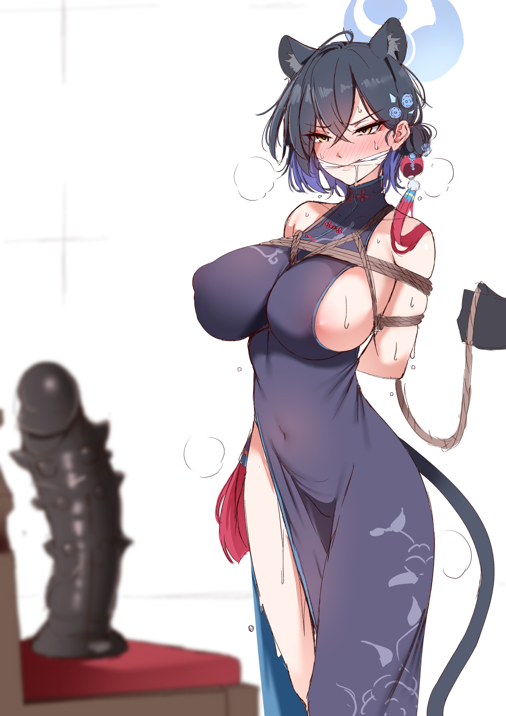 ahoge animal_ears arms_behind_back black_dress black_gloves black_hair blue_archive blue_halo blurry blurry_foreground blush bondage bound bound_arms breasts cat_girl china_dress chinese_clothes cloth_gag dildo dress female frown gag gagged gloves halo highres improvised_gag kaguya_(blue_archive) kippuru large_breasts medium_hair sex_toy shibari_over_clothes simple_background solo_focus spiked_dildo standing sweat white_background yellow_eyes