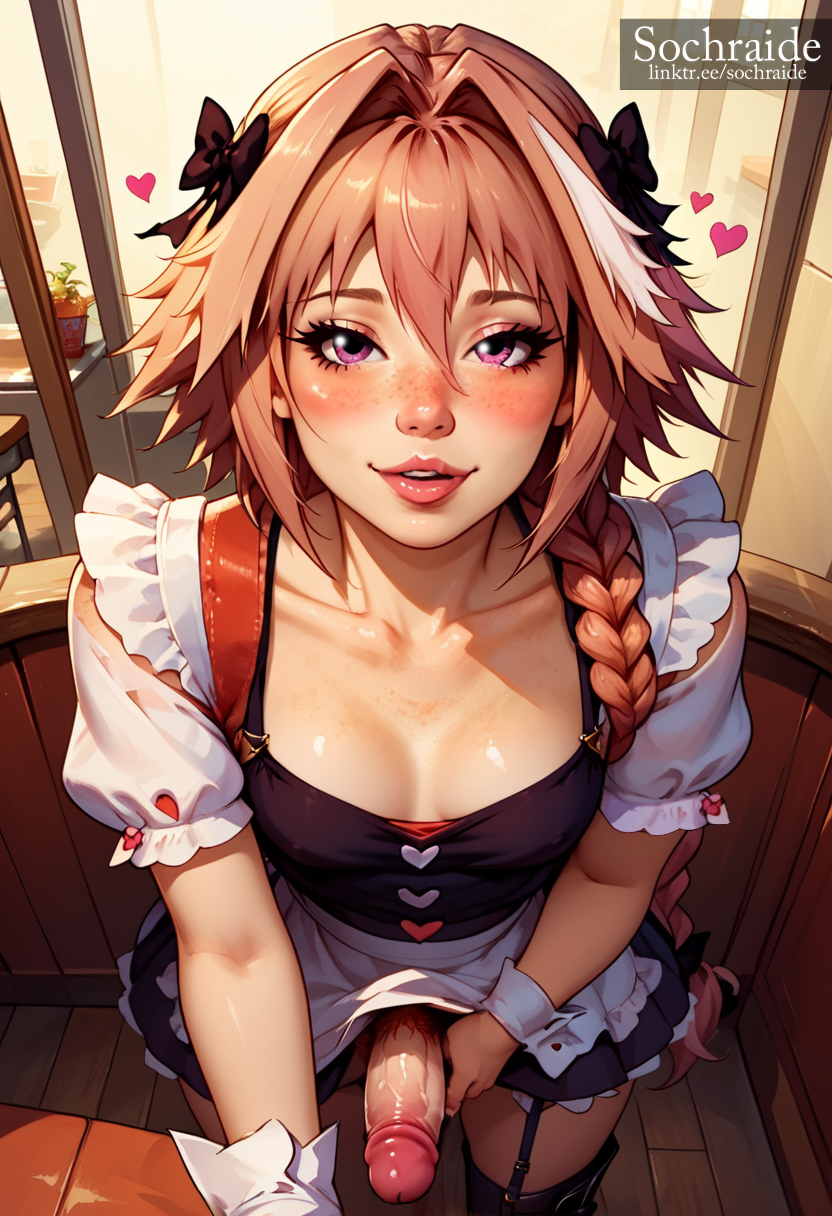 1boy, 1femboy, ai generated, astolfo (fate), big penis, blush, erect penis, erection, fate (series), fate/grand order, femboy, girly, maid, maid uniform, male, male only, penis, showing penis, sochraide, trap, voluptuous