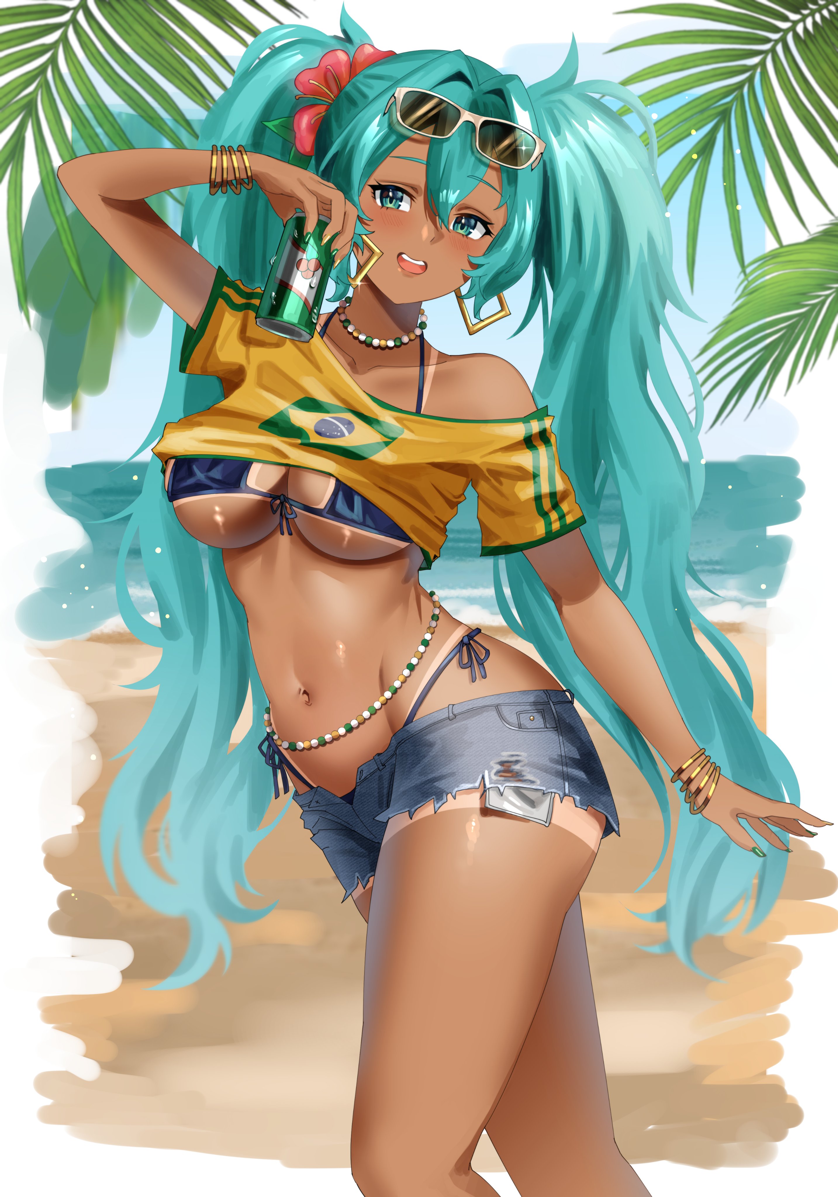 :d, 1girl, 1girls, aqua eyes, aqua hair, aqua nails, artist request, ass, bangs, beach, big ass, big breasts, big thighs, bikini, bikini under clothes, blush, bracelet, brazil, brazilian, brazilian female, brazilian miku, breasts, can, cleavage, clothes lift, cowboy shot, cutoffs, cyan eyes, cyan hair, dark skin, dark-skinned female, day, denim, denim shorts, earrings, eyewear on head, female, female only, flower, front-tie bikini top, front-tie top, hair between eyes, hair flower, hair ornament, hatsune miku, holding, holding can, huge ass, huge thighs, jewelry, large breasts, latin american hatsune miku (meme), long hair, looking at viewer, nail polish, navel, necklace, ocean, off shoulder, open mouth, outdoors, palm tree, shirt, shirt lift, short sleeves, shorts, side-tie bikini bottom, smile, solo, standing, stomach, sunglasses, swimsuit, tagme, tan, tan body, tanlines, thick hips, thick thighs, thighs, thong, torn clothes, tree, twintails, underboob, very long hair, vocaloid, yellow shirt