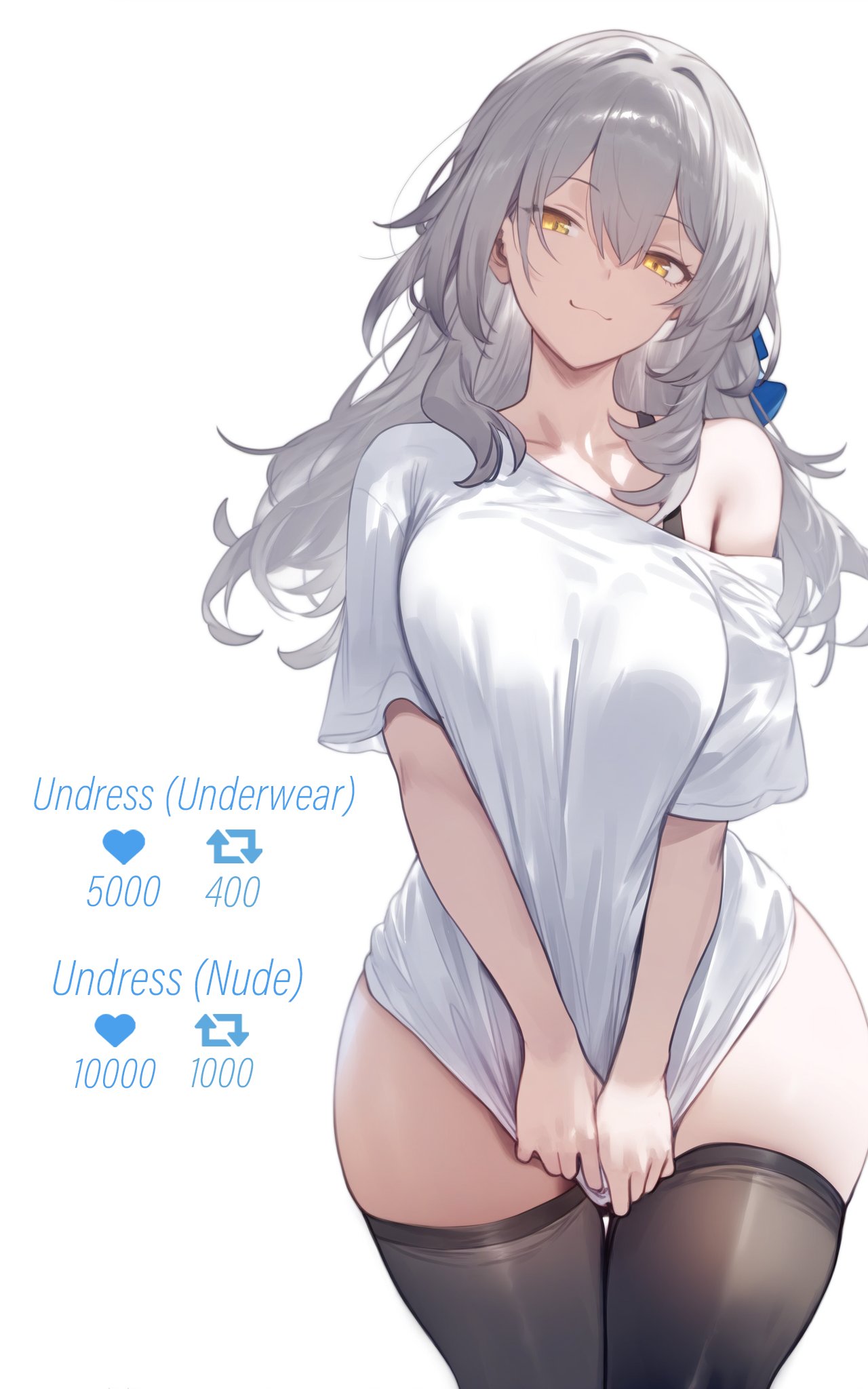 ai_generated big_breasts black_legwear black_stockings covering covering_pussy gray_hair honkai:_star_rail legwear looking_at_viewer pulling_shirt_down seductive seductive_look seductive_smile setsuaiart shirt shirt_tug silver_hair simple_background smile smiling stelle_(honkai:_star_rail) stockings t-shirt white_background white_shirt white_t-shirt yellow_eyes