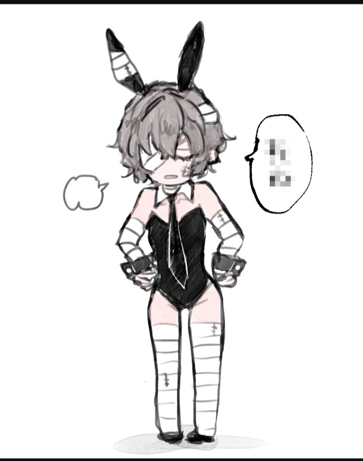 bandage bandaged_arm bandaged_arms bandaged_leg bandaged_thigh bandages black_corset bottom_dazai bowtie_collar brown_hair bsd bungo_stray_dogs bungou_stray_dogs bunny_ears bunnysuit censored chibi chibi_style clothing corset dazai_osamu dialogue_bubble feminine_male no_sex osamu_dazai sigh sighing tsundere twink visible_breath