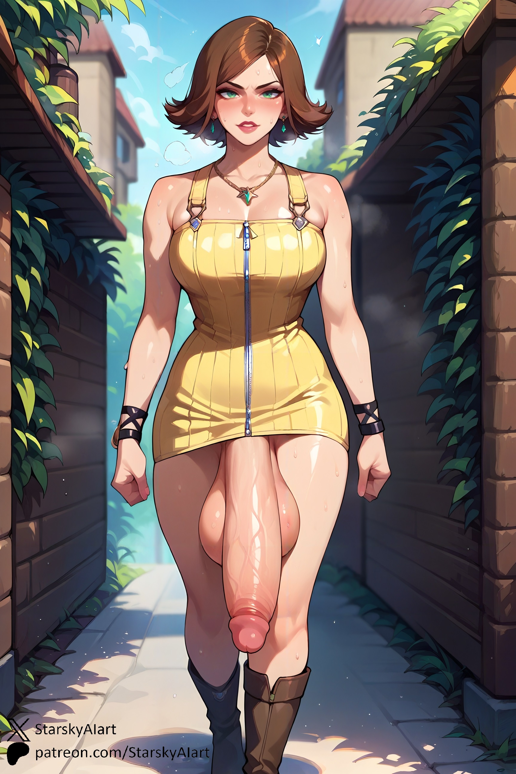 1futa, ai generated, balls, breasts, erect penis, erection, final fantasy, final fantasy viii, futa only, futanari, huge balls, huge cock, intersex, large breasts, outdoors, penis, penis out, public, public exposure, selphie tilmitt, solo, starskyai, steaming body, sweat, testicles, walking