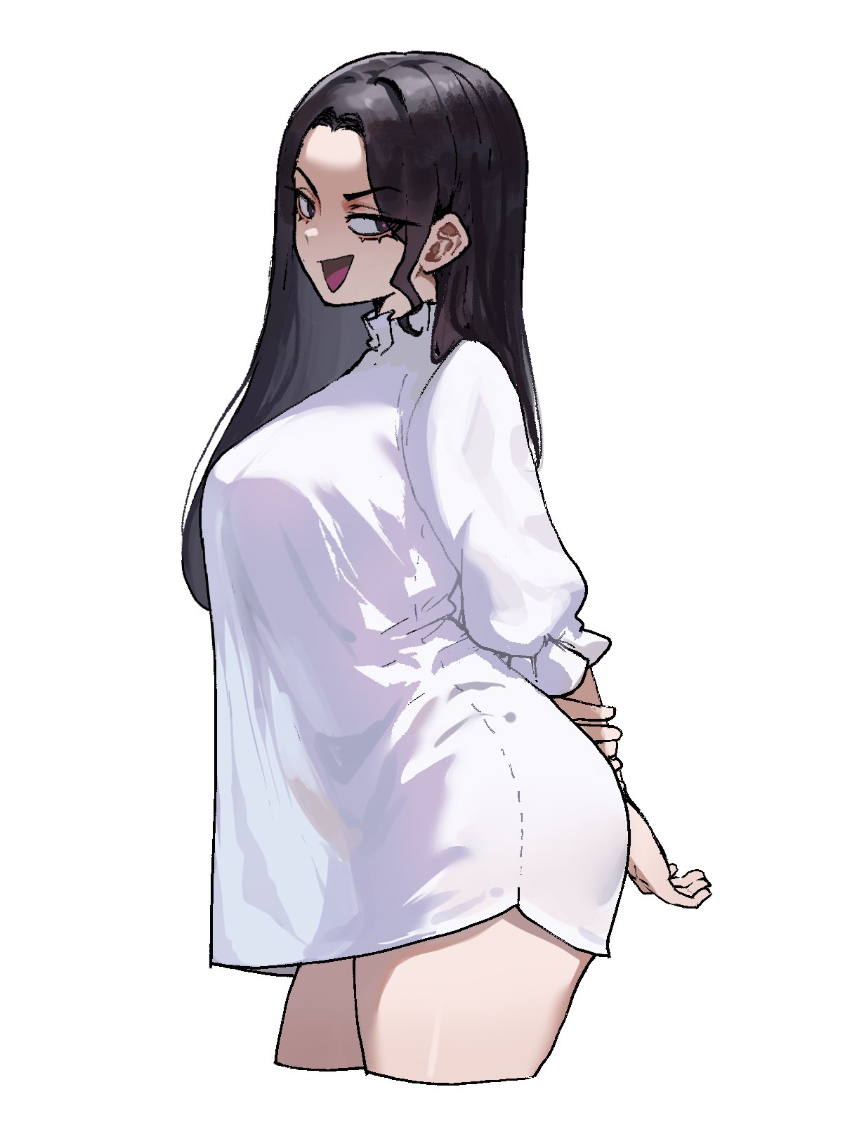 :d black_hair bloodlight_(nyantcha) brat bratty cropped_legs female forehead hi_res long_hair looking_at_viewer mariah_(nyantcha) mesugaki nightgown no_text_version open_mouth original short_sleeves sideways_glance simple_background smile smiling smiling_at_viewer solo standing thiccwithaq white_background white_nightgown