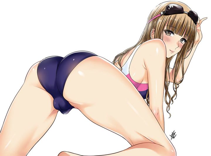 1futa all_fours back back_view balls bangs blonde_hair breasts bulge clothed clothing dickgirl fully_clothed futa_only futanari human light-skinned_futanari light_skin long_hair looking_back nut-chan short_shorts shorts solo xter xtermination