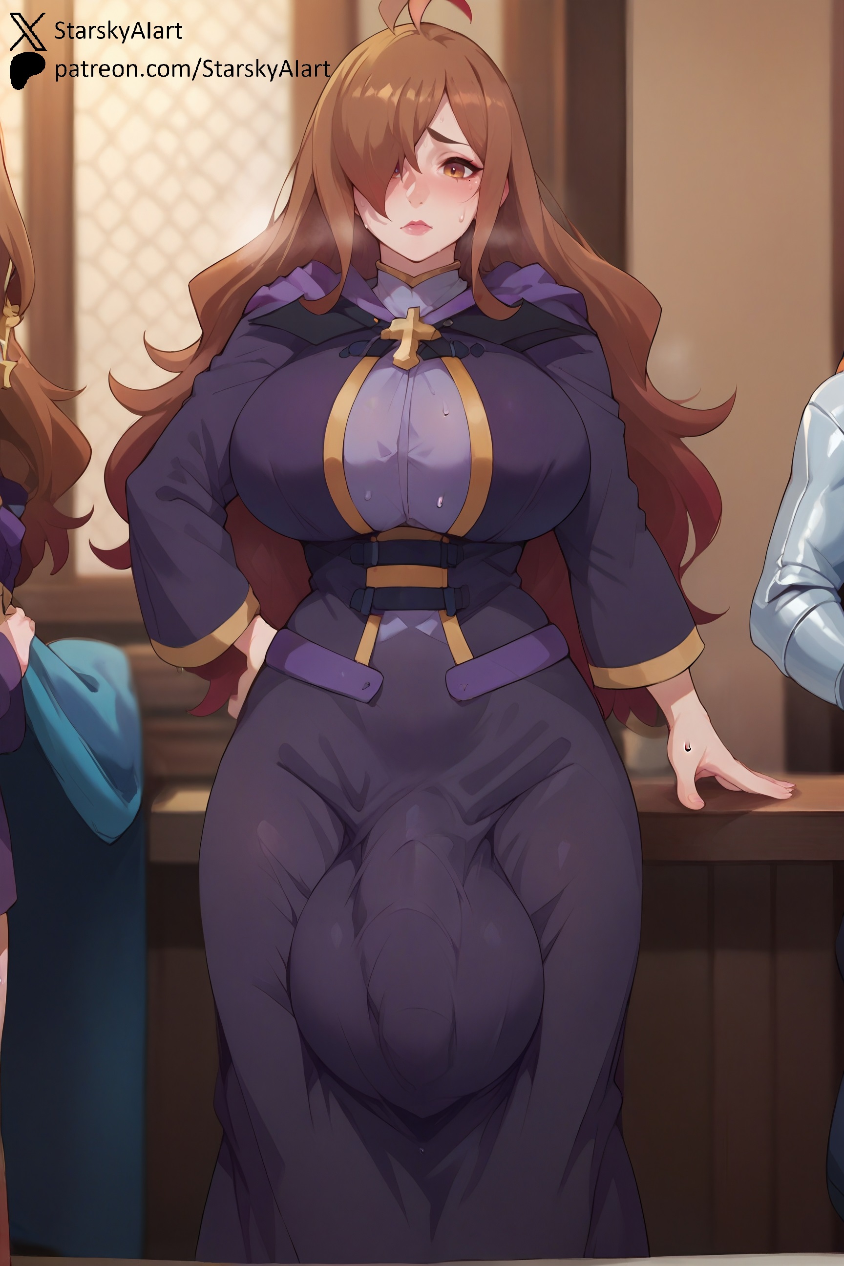 1futa, ahoge, ai generated, balls, big breasts, blush, breasts, bulge, bulge through clothing, dickgirl, flaccid, flaccid penis, futa only, futa sans pussy, futanari, gigantic balls, gigantic testicles, huge balls, huge breasts, huge cock, intersex, kono subarashii sekai ni shukufuku wo!, large breasts, long hair, looking at viewer, penis, penis under clothes, starskyai, steam, steaming body, sweat, testicles, wiz (konosuba)
