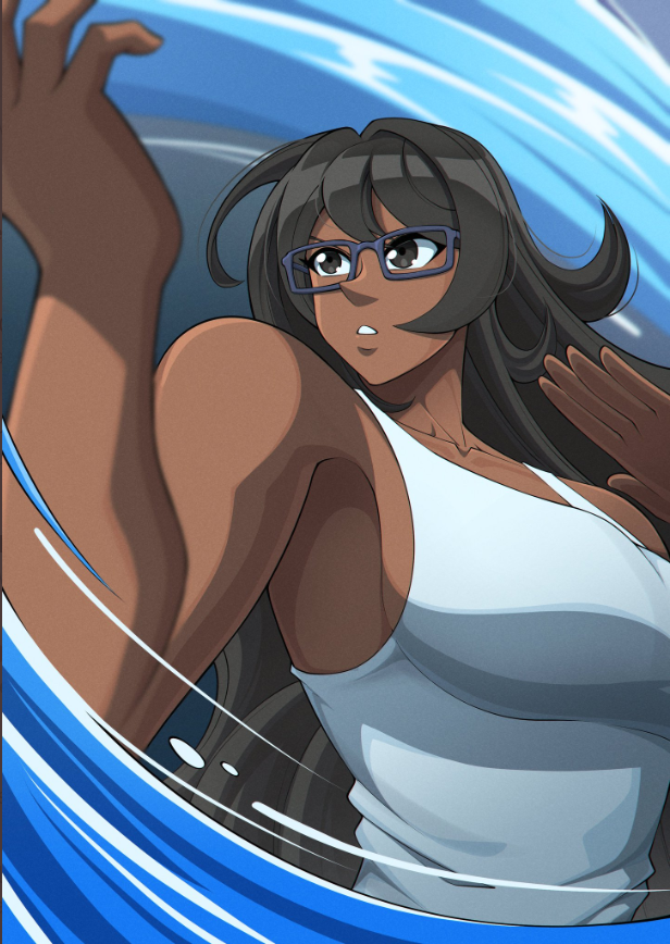 black_eyes black_hair dark-skinned_female glasses medium_breasts original_character serious_face tank_top water