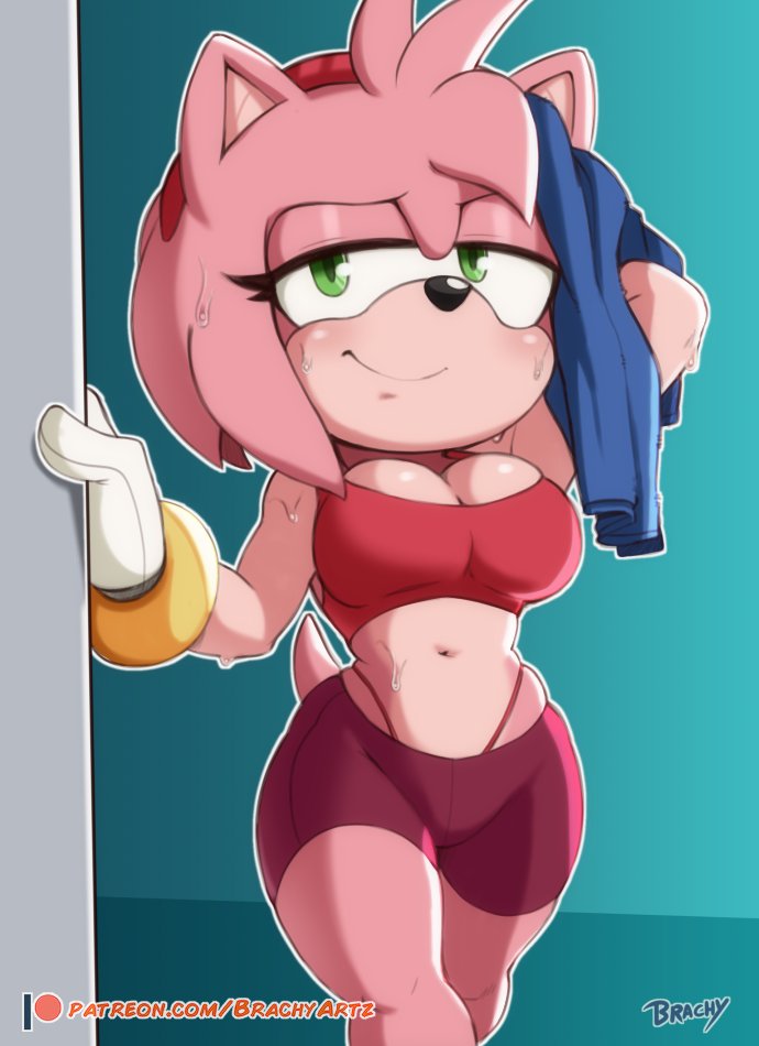 1girls amy_rose anthro belly belly_button brachyzoid breasts female female_only fur pink_fur sega shorts solo sonic_(series) sonic_the_hedgehog_(series) sweat towel