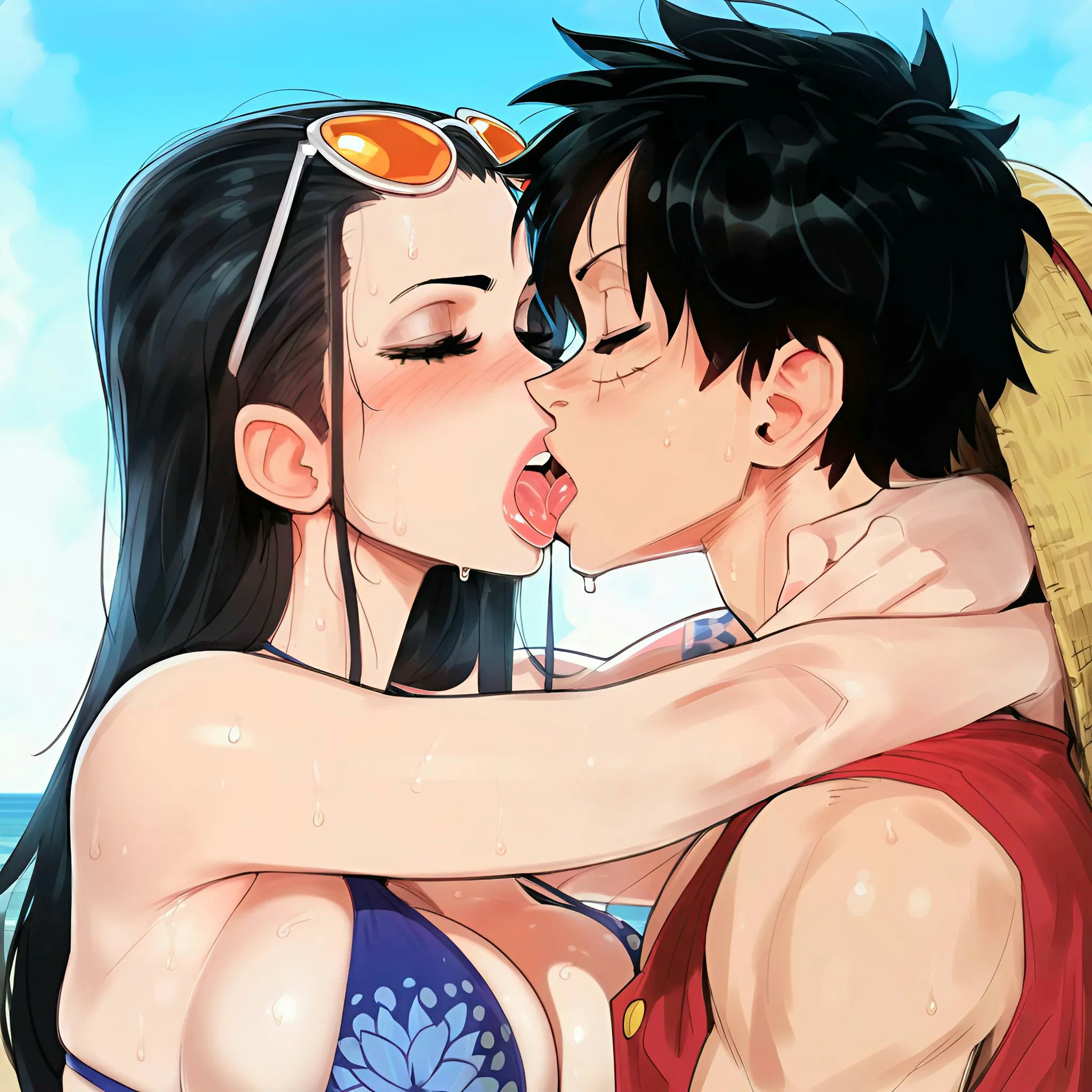 ai generated, big breasts, black hair, breasts, female, huge breasts, kissing, light skin, light-skinned female, lips, male, monkey d luffy, nico robin, older female, one piece, straight, straw hat, tongue, yelua