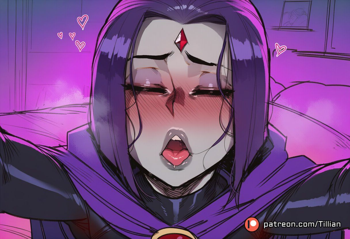 ai generated, aroused, black bodysuit, black lips, blush, bodysuit, cape, cloak, closed eyes, colored skin, dc, dc comics, eyeshadow, facing viewer, female, forehead jewel, grey skin, heart, heavy breathing, hooded cape, incoming kiss, lips, makeup, nose blush, open mouth, oral invitation, patreon logo, patreon username, pov, purple cape, purple eyeshadow, purple hair, raven (dc ), raven (dc), short hair, solo, superhero, teen titans, teeth, tillian, tongue, tongue out, upper teeth only