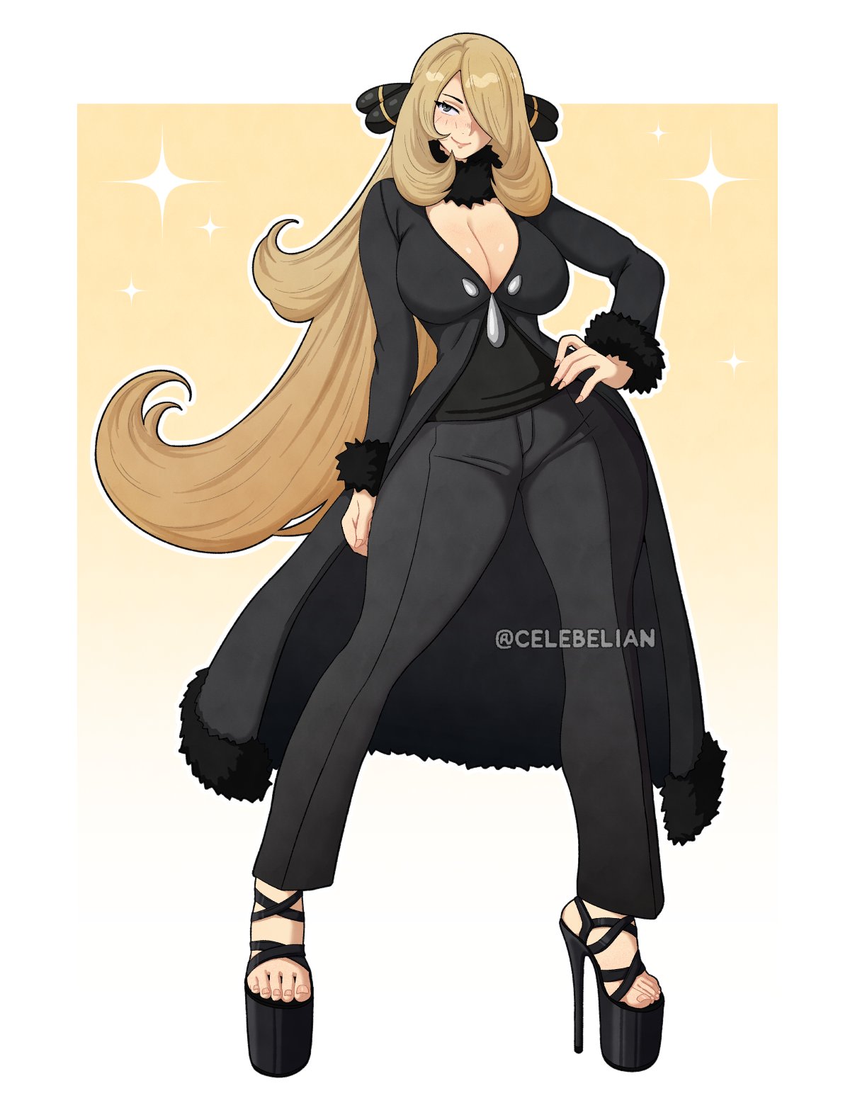 1girls, artist name, big breasts, blonde hair, breasts, busty, celebelian, cleavage, cynthia (pokemon), female, game freak, grey eyes, hair ornament, hair over one eye, hand on hip, high heel sandals, high heels, hips, light skin, light-skinned female, long hair, looking at viewer, nintendo, open toe footwear, open toe heels, open toe shoes, platform heels, pokemon, sandals, smile, very long hair