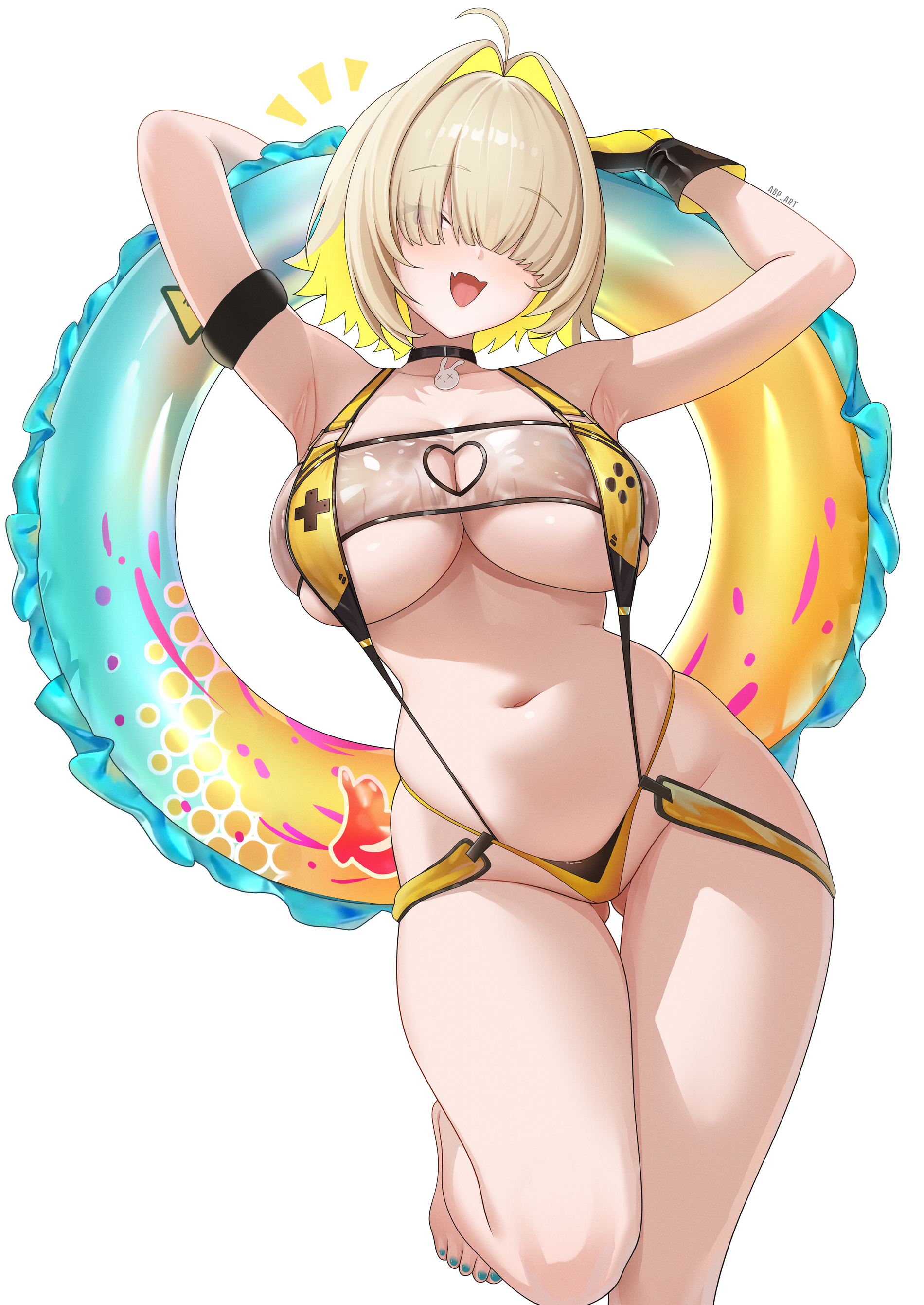 1girls, abp art, abpart, absurdres, ahoge, armband, arms up, ass visible through thighs, bare legs, bare shoulders, black choker, black slingshot swimsuit, blonde hair, blue nails, blush, breasts, choker, cleavage, cleavage cutout, clothing cutout, collarbone, colored inner hair, commentary, cute fang, dot nose, elegg (boom and shock) (nikke), elegg (nikke), eyes visible through hair, female, foot up, game controller print, gloves, gluteal fold, goddess of victory: nikke, groin, hair intakes, hair over eyes, highres, holding, holding swim ring, innertube, large breasts, looking at viewer, medium hair, multicolored hair, nail polish, navel, o-ring, o-ring swimsuit, one-piece swimsuit, open mouth, pink eyes, purple eyes, see-through clothes, see-through slingshot swimsuit, shiny clothes, simple background, skindentation, slingshot swimsuit, smile, solo, standing, standing on one leg, stomach, swim ring, swimsuit, thigh gap, thighs, toenail polish, toenails, toes, underboob, white background, yellow gloves, yellow one-piece swimsuit, yellow slingshot swimsuit, yellow swimsuit