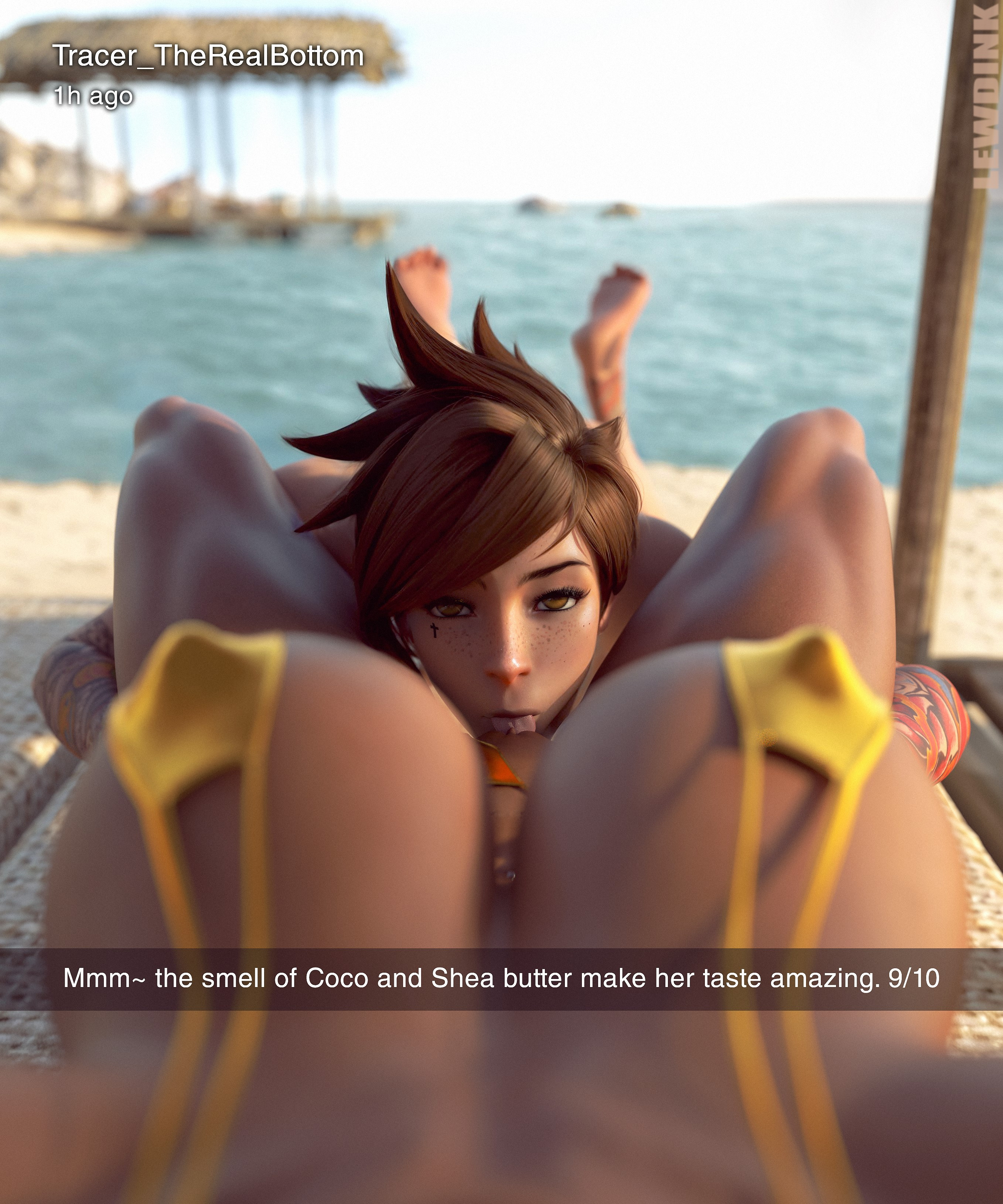 2girls, 3d, 3d (artwork), beach, big breasts, bikini aside, breasts, brown eyes, brown hair, covered nipples, cunnilingus, dark skin, dark-skinned female, depth of field, english text, female, female pov, freckles, gold bikini, huge breasts, interracial, interracial yuri, large breasts, lewdink, looking at viewer, multiple females, multiple girls, oral, overwatch, overwatch 2, pharah, pov, pussy, snapchat, text, tracer, yuri