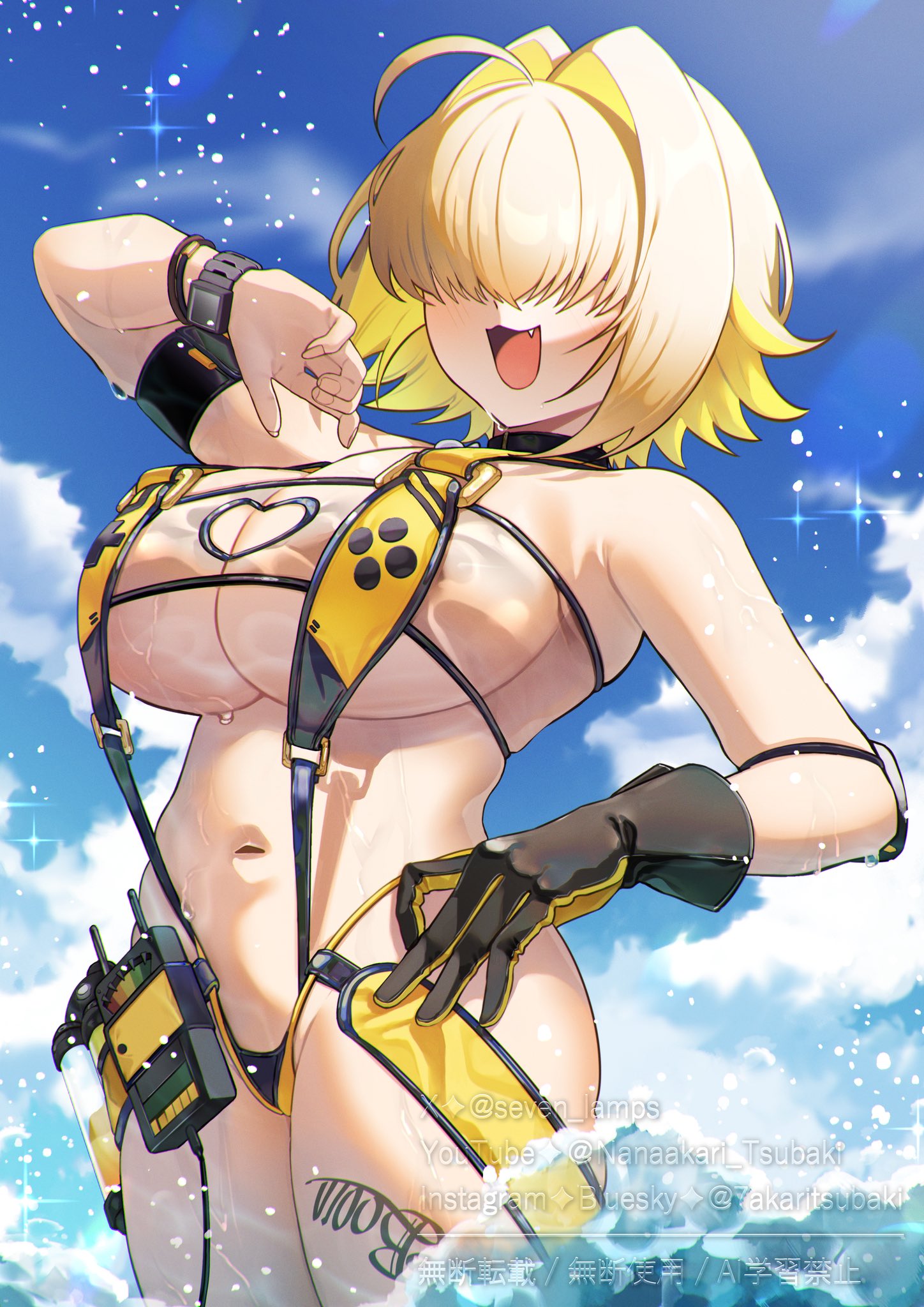 1girls, ahoge, areola slip, bigger female, black gloves, blonde hair, blue sky, breasts, commentary request, elegg (boom and shock) (nikke), elegg (nikke), female, gloves, goddess of victory: nikke, hair intakes, highres, huge breasts, large breasts, leg tattoo, mature, milf, nanahi tsubaki, navel, ocean, official alternate costume, open mouth, outdoors, short hair, sideboob, single glove, sky, slingshot swimsuit, solo, stomach, swimsuit, tattoo, thighs, watch, wristwatch, yellow slingshot swimsuit