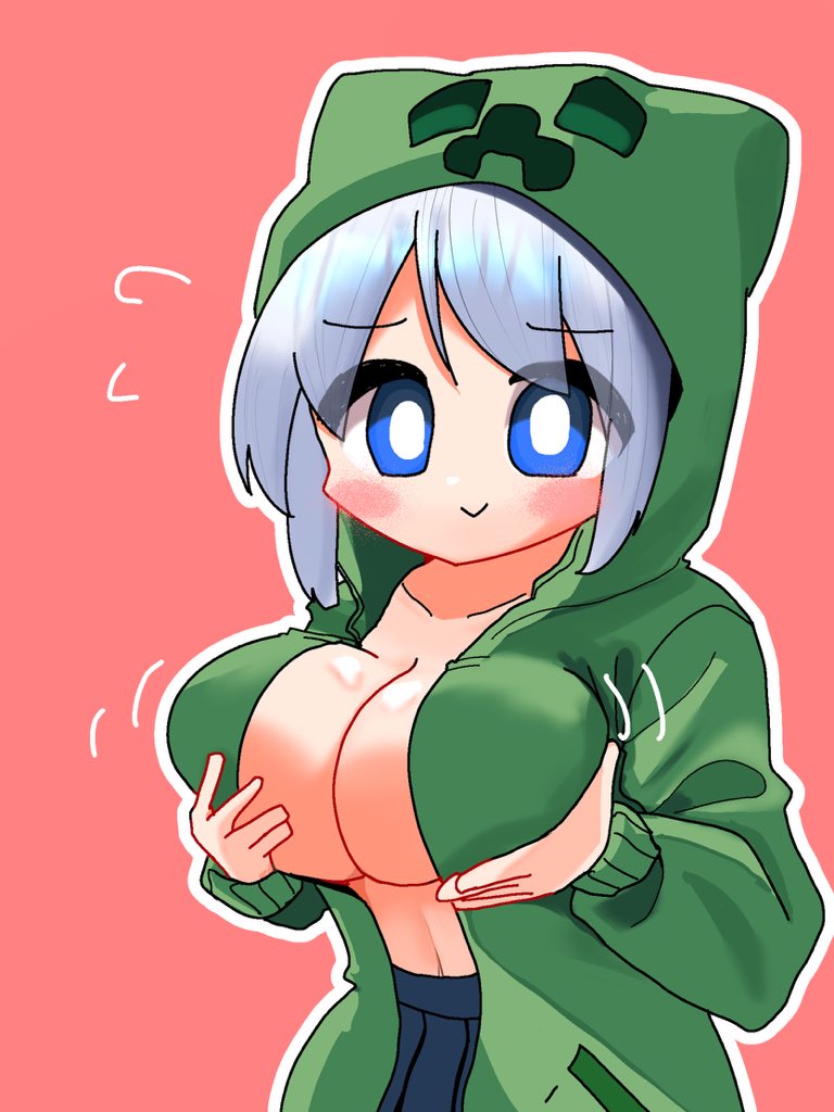 :>, blue eyes, blush stickers, breast lift, breasts, cosplay, creeper (minecraft), embarrassed, female, flying sweatdrops, hoodie, huge breasts, minecraft, navel, no bra, open hoodie, skirt