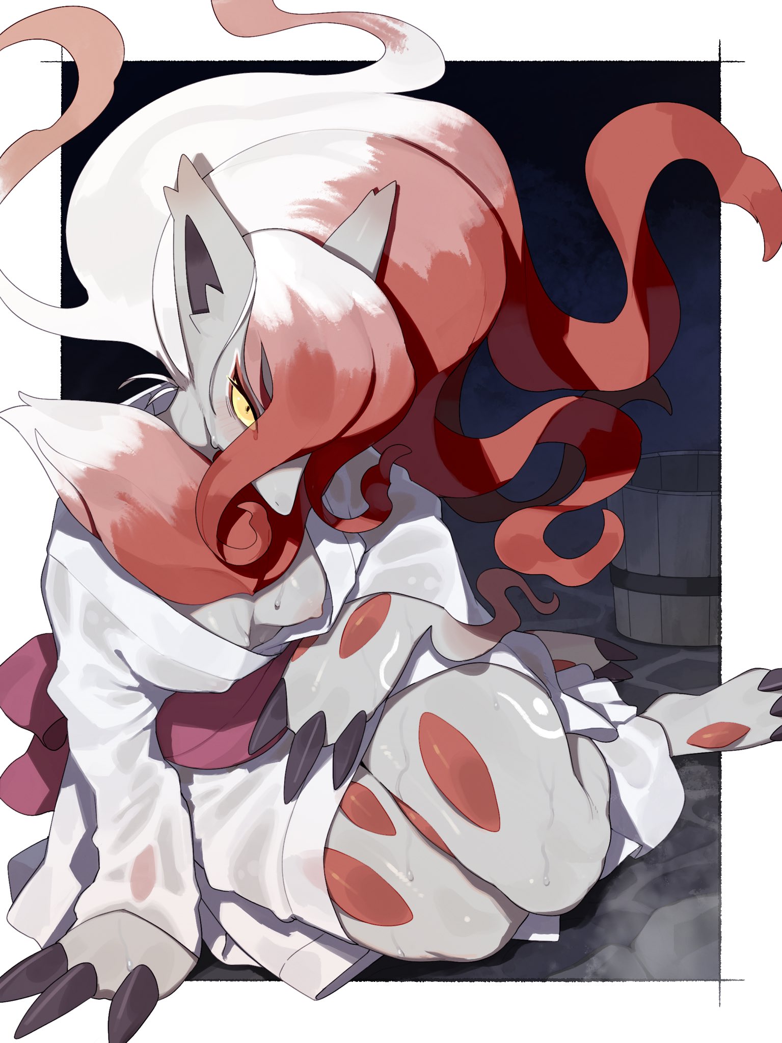 2025, 3 fingers, anthro, areola, asian clothing, breasts, claws, clothed, clothed anthro, clothed female, clothing, digital media (artwork), east asian clothing, exposed breasts, female, finger claws, fingers, front view, fur, generation 8 pokemon, grey body, grey fur, grey hair, hair, hi res, hisuian form, hisuian zoroark, japanese clothing, kame 3, kimono, looking at viewer, nintendo, nipples, pokemon, pokemon (species), regional form (pokemon), solo, zoroark