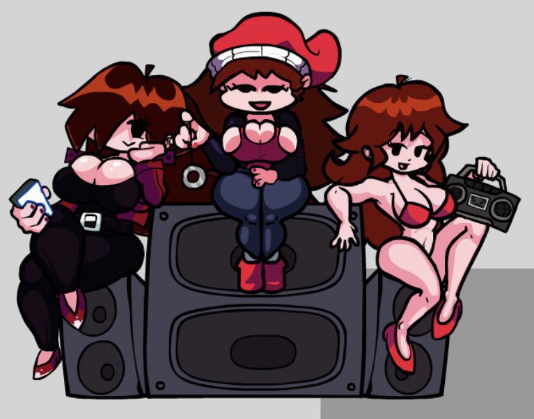 3girls, ahoge, auburn hair, big breasts, boombox, breasts, clothed female, doodlydoodle, female, female only, female/female/female, friday night funkin, friday night funkin lullaby, friday night trepidation, girlfriend (friday night funkin), highres, huge breasts, light-skinned female, lullaby girlfriend (fnf), multiple females, multiple girls, no bra, partially clothed female, pendulum, phone, proteincumbar, red heels, red underwear, santa hat, small breasts, thighs, trepidation gf (friday night funkin)