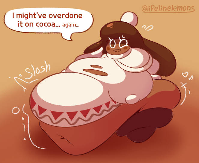 1girls, bbw, belly, cocoa cookie, cookie run, dark skin, dark-skinned female, english text, fat, fat belly, fat female, female, female focus, female only, lifelinelemons, motion lines, obese, obese female, overweight, overweight female, sloshing belly, ssbbw, stretched clothing, sweater, talking, talking to self, text, weight conscious, weight gain, weight gain female