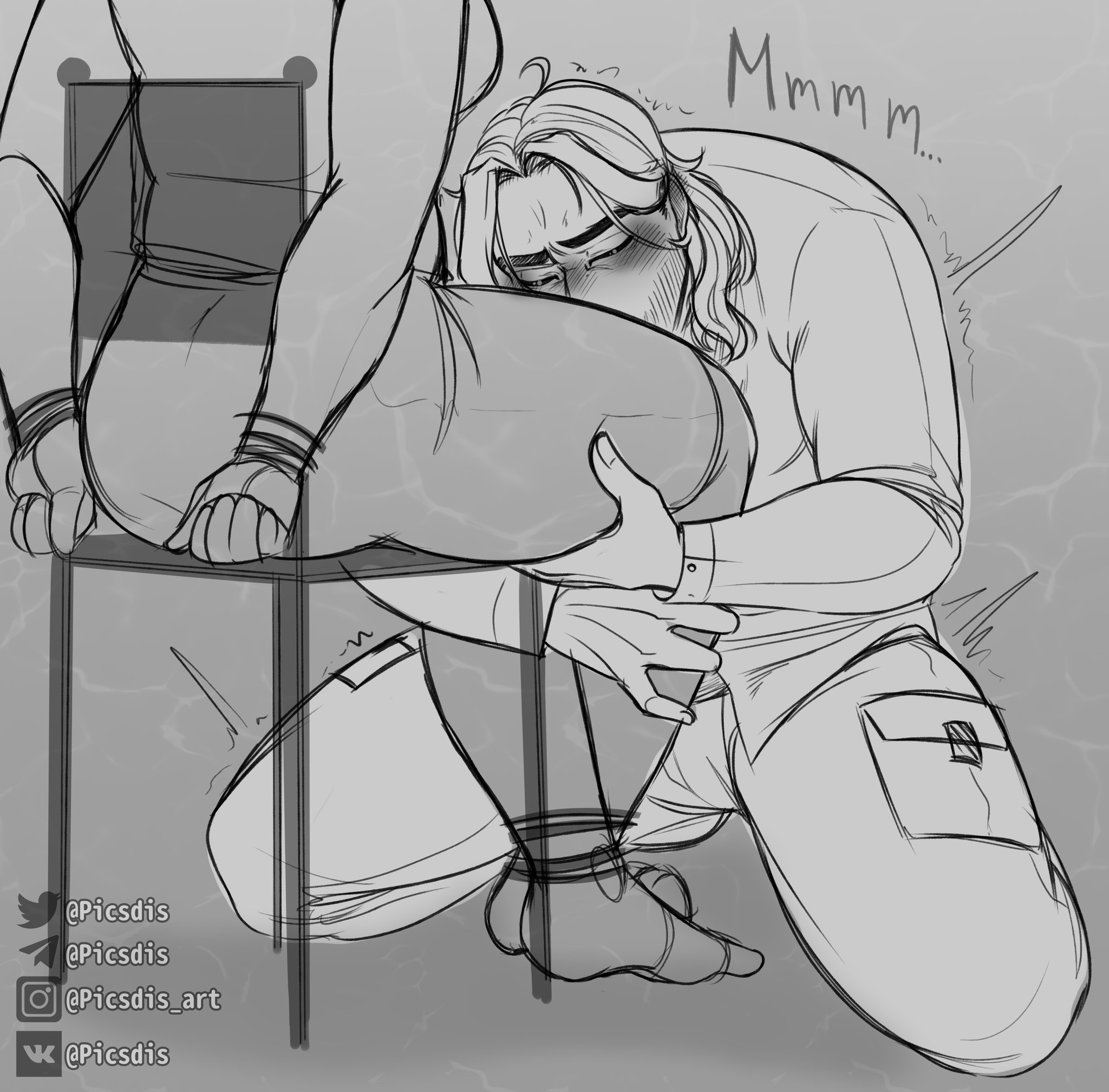 1boy, 1boy1girl, assertive, dominant, dry humping, female, humping, humping leg, jacob alden, long hair male, long-haired male, lurking for love, male, male focus, male yandere, malesub, no nude, picsdis, submissive, submissive male, suggestive, tied, tied to chair, tied up, yandere