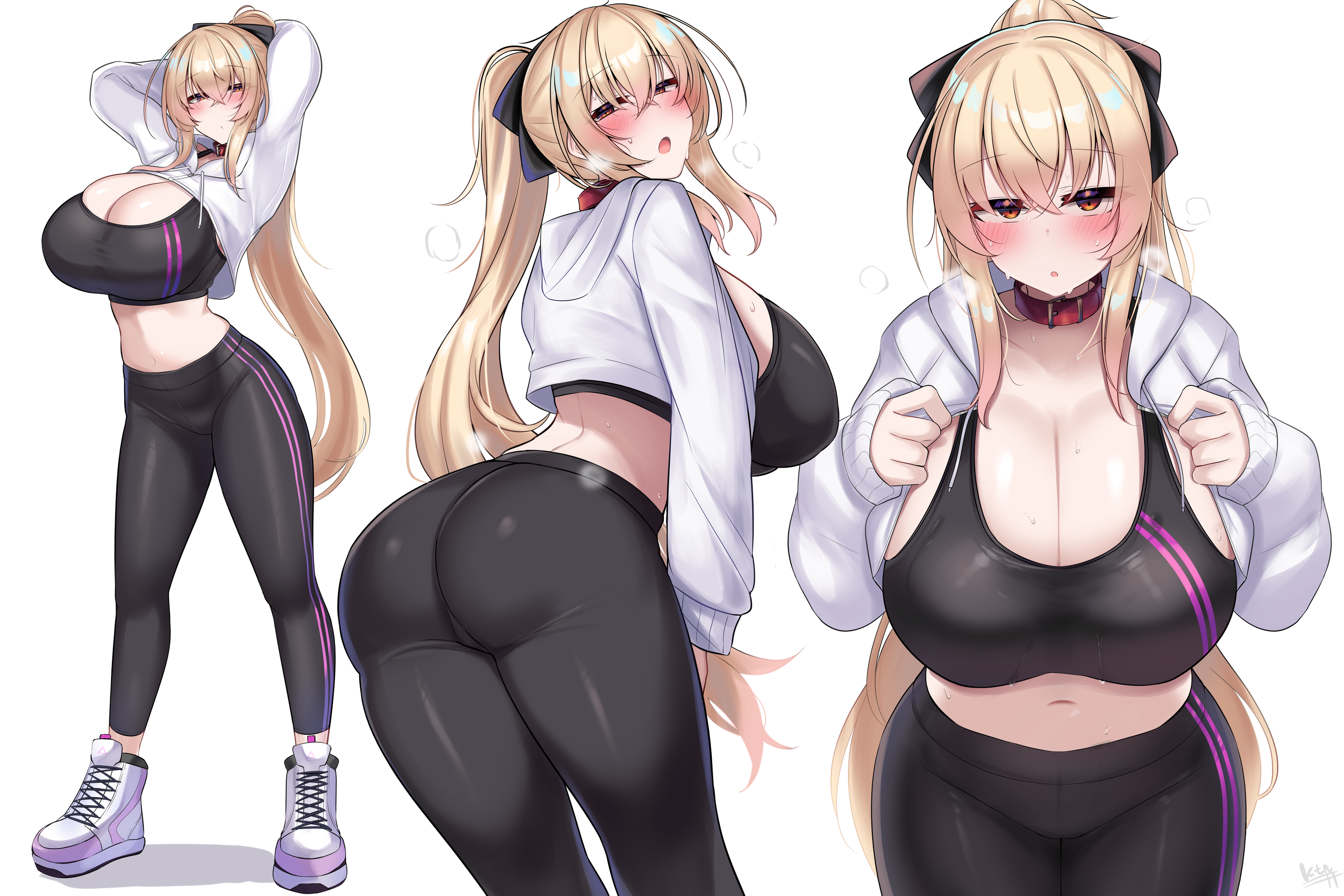 blush, breasts, cleavage, collar, exposed stomach, female, kubiwa (kutan), kutan, leggings, multiple poses, ponytail, sweat, sweating, workout clothes