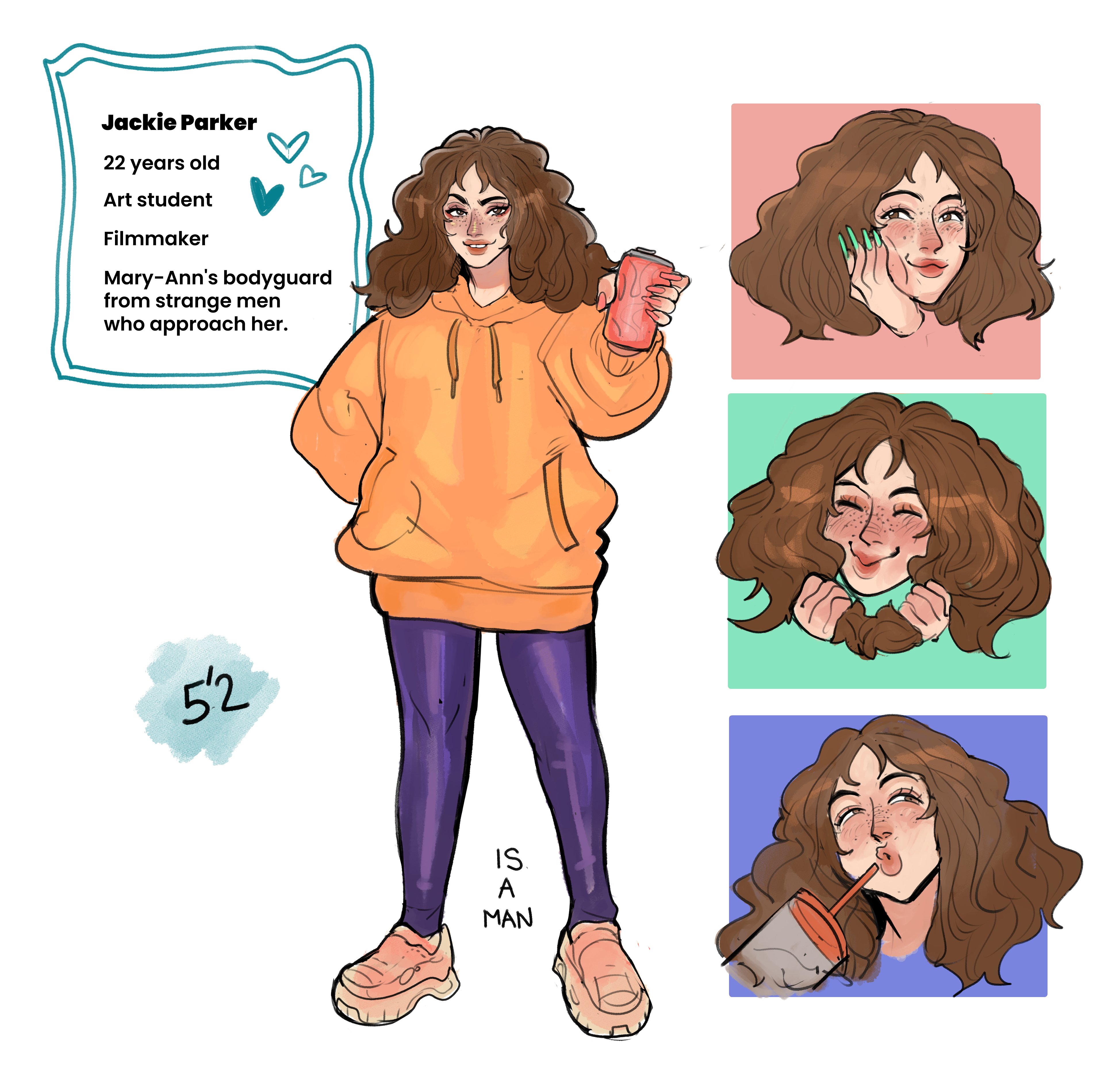 1boy, absurd res, blush, brown eyes, brown hair, can, character sheet, english text, femboy, feminine male, freckles, full body, girly, hoodie, jackie (madsuwu), long hair, looking at viewer, madsuwu, male, male only, misahero99, not porn, original, original character, sfw, smiling, smiling at viewer, solo, text