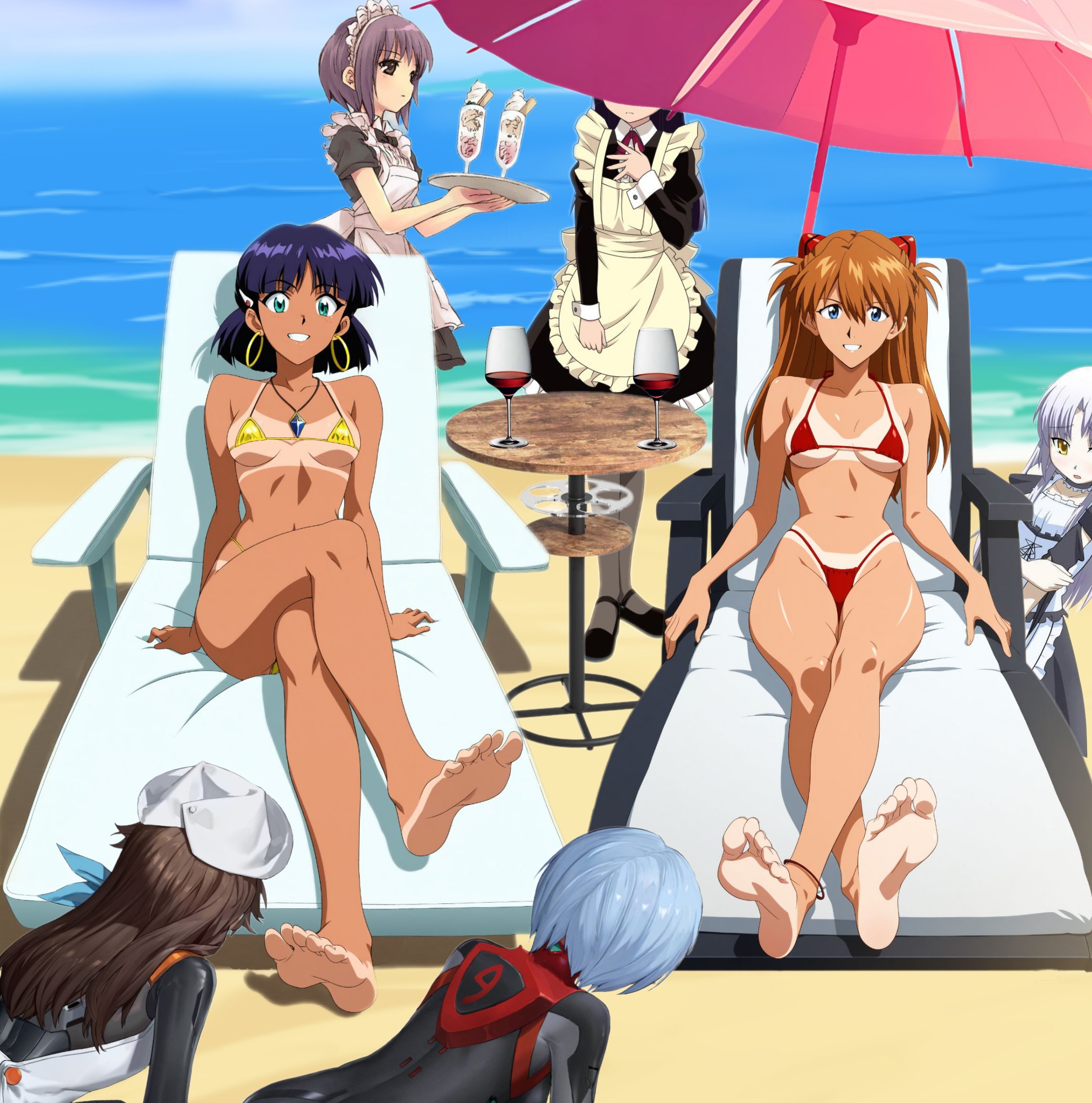 6+girls, all fours, alternative costume, angel beats!, anklet, apron, ass, asuka langley, asuka langley sohryu, ayanami rei, bangs, barefoot, beach, beach chair, beach umbrella, bikini, black bodysuit, black hair, blue eyes, blue hair, bodysuit, bowing, breasts, brown eyes, brown hair, chair, cleavage, clothing, crossed legs, crossover, cup, dark skin, dark-skinned female, day, dominant female submissive female, domination, dress, drinking glass, earrings, enjoying, enjoyment, enmaided, feet, female, femdom, food, foot focus, foot worship, frills, fushigi no umi no nadia, goddess, gold bikini, gold swimsuit, grey hair, hair ornament, happy, happy dom, happy girl, hat, headdress, headwear, holding, hoop earrings, human furniture, humiliation, ice cream, interface headset, jewelry, kneeling, kneeling female, kuudere, large breasts, legs, long hair, looking at viewer, loser, maid, maid apron, maid headdress, medium breasts, micro bikini, multicolored bodysuit, multiple crossover, multiple females, multiple girls, nadia la arwall, nagato yuki, navel, necklace, neon genesis evangelion, ocean, open mouth, open-mouth smile, orange hair, outdoors, pantyhose, pilot suit, plugsuit, princess, public, public humiliation, purple hair, rebuild of evangelion, red bikini, red swimsuit, rei ayanami, relaxing, sad, sad sub, sakura suzuhara, sand, servant, serving, short hair, sitting, sky, slave, slave girl, small breasts, smile, soles, sunbathing, suzumiya haruhi no yuuutsu, swimsuit, tachibana kanade, tanline, tanlines, tanned, thong, thong bikini, toenails, toes, tray, tsundere, umbrella, underboob, uniform, water, wine glass, winner, worship, yellow bikini, yellow eyes, yellow swimsuit