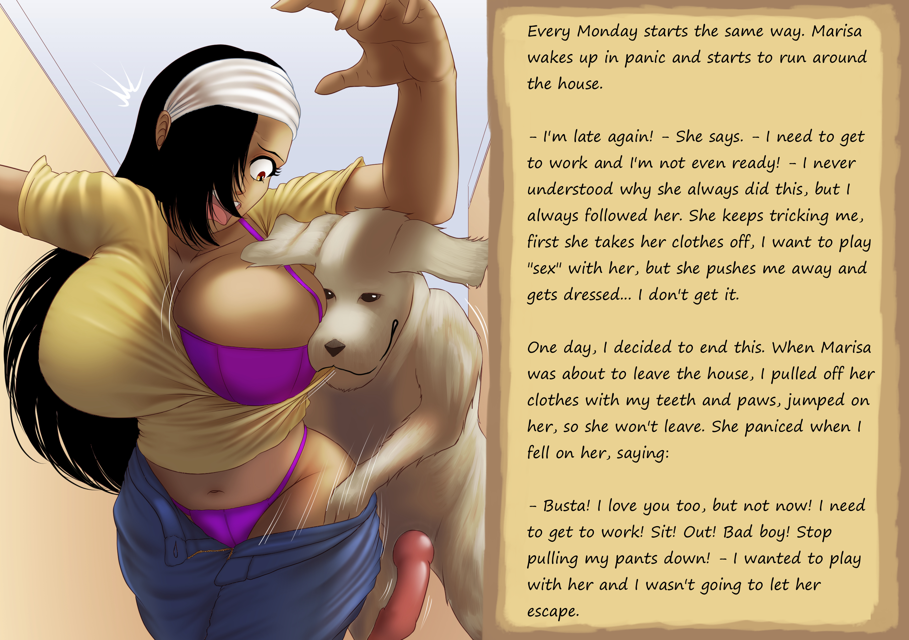 1girls, big breasts, black hair, breasts, bustadog, canid, canine, canine penis, canis, digital drawing (artwork), domestic dog, female, feral, horny, male, marisa (bustadog), penis, purple bra, shocked, story, surprised, tan skin, zoophilia
