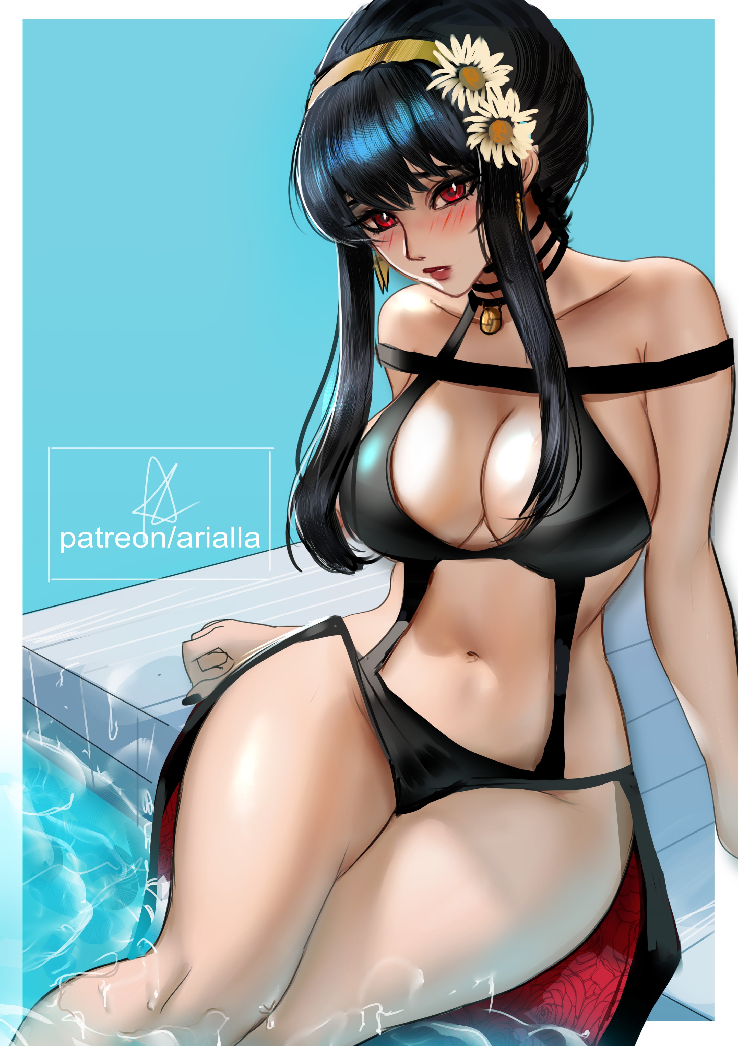 absurdres, arialla draws, bikini, black bikini, black hair, breasts, cleavage, female, flower, hair flower, hair ornament, highres, large breasts, looking at viewer, navel, parted bangs, red eyes, revealing clothes, simple background, sitting, solo, spy x family, swimsuit, thighs, thorn princess, water, yor briar, yor forger