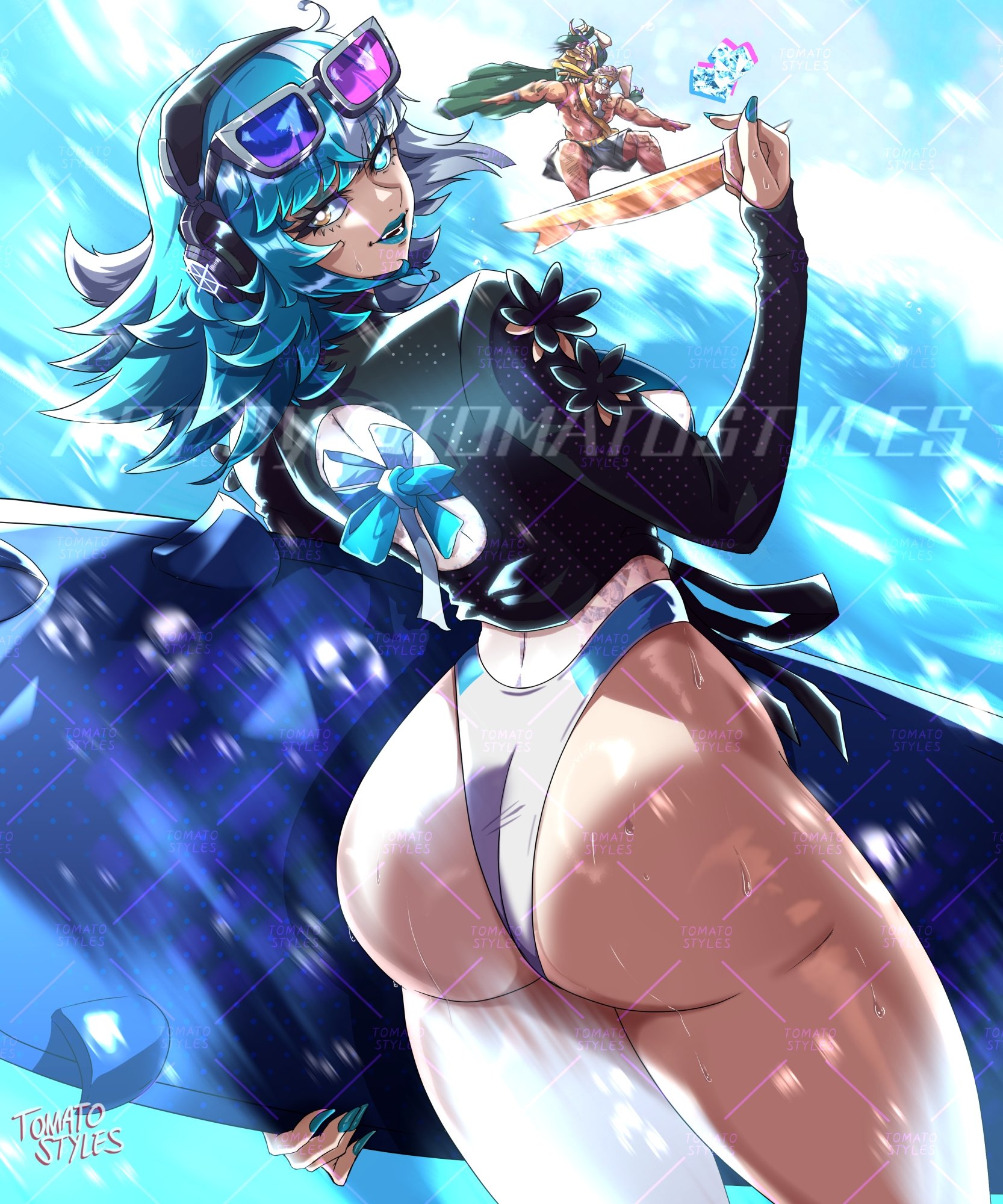 1girls, 2d, ass, ass focus, beach, big ass, big breasts, blue lipstick, blue nails, breasts, female, female focus, female only, huge ass, huge breasts, large ass, light skin, light-skinned female, lipstick, loki (marvel rivals), loki (marvel), looking at viewer, looking back, luna snow, luna snow (cool summer), luna snow (marvel rivals), marvel, marvel comics, marvel rivals, nail polish, swimsuit, thick thighs, thighs, thor (marvel rivals), thor (marvel), tomatostyles