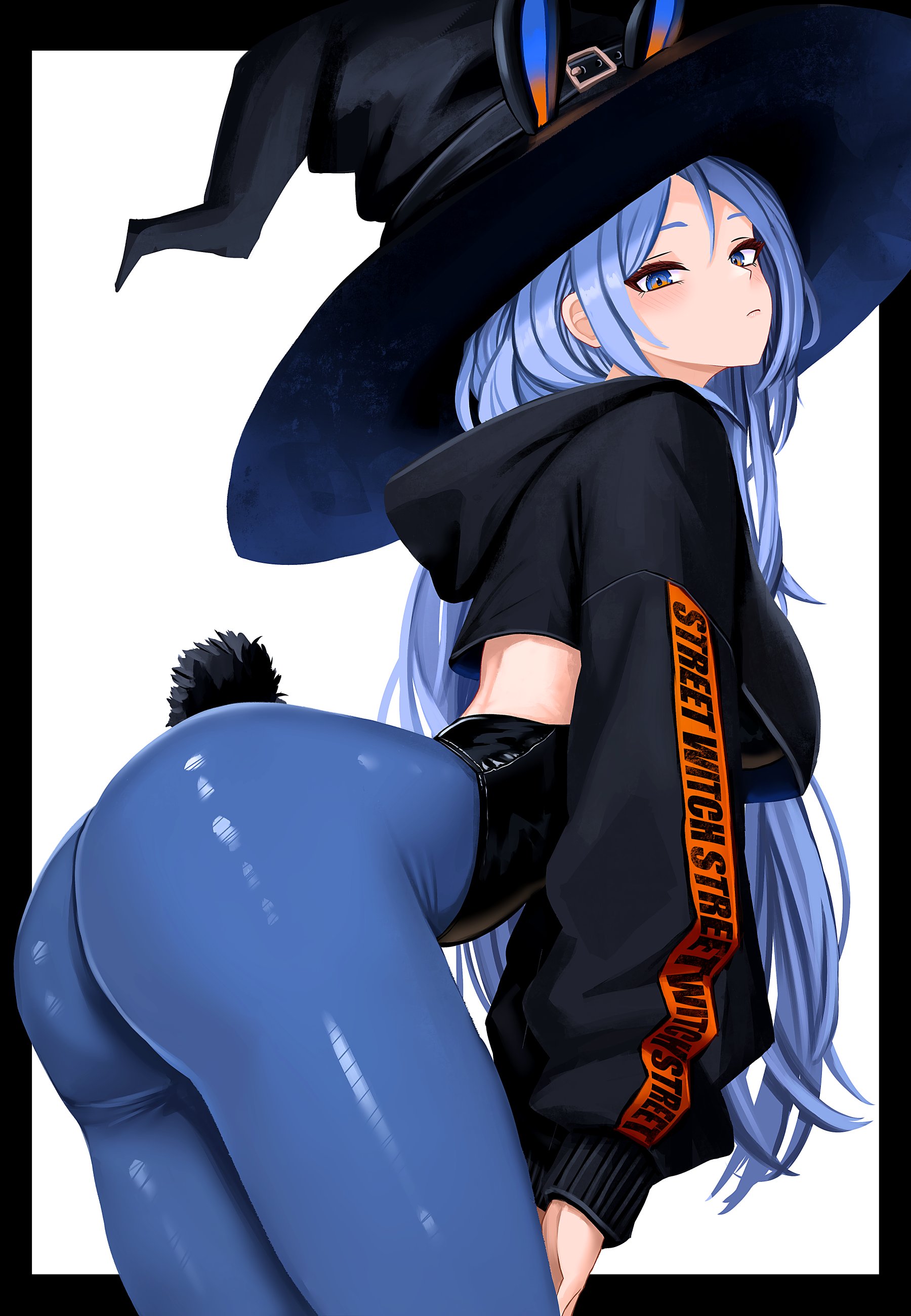 1girls, ass, bent over, black leotard, blue eyes, blue hair, blue pantyhose, blush, borrowed character, breasts, bunnysuit, crop top, crop top overhang, cropped hoodie, expressionless, fake animal ears, fake tail, female, hat, high-waist pantyhose, hoodie, leotard, long hair, long sleeves, medium breasts, minah, original, pantyhose, rabbit ears, rabbit tail, skin tight, solo, thong leotard, witch hat, yan kodiac