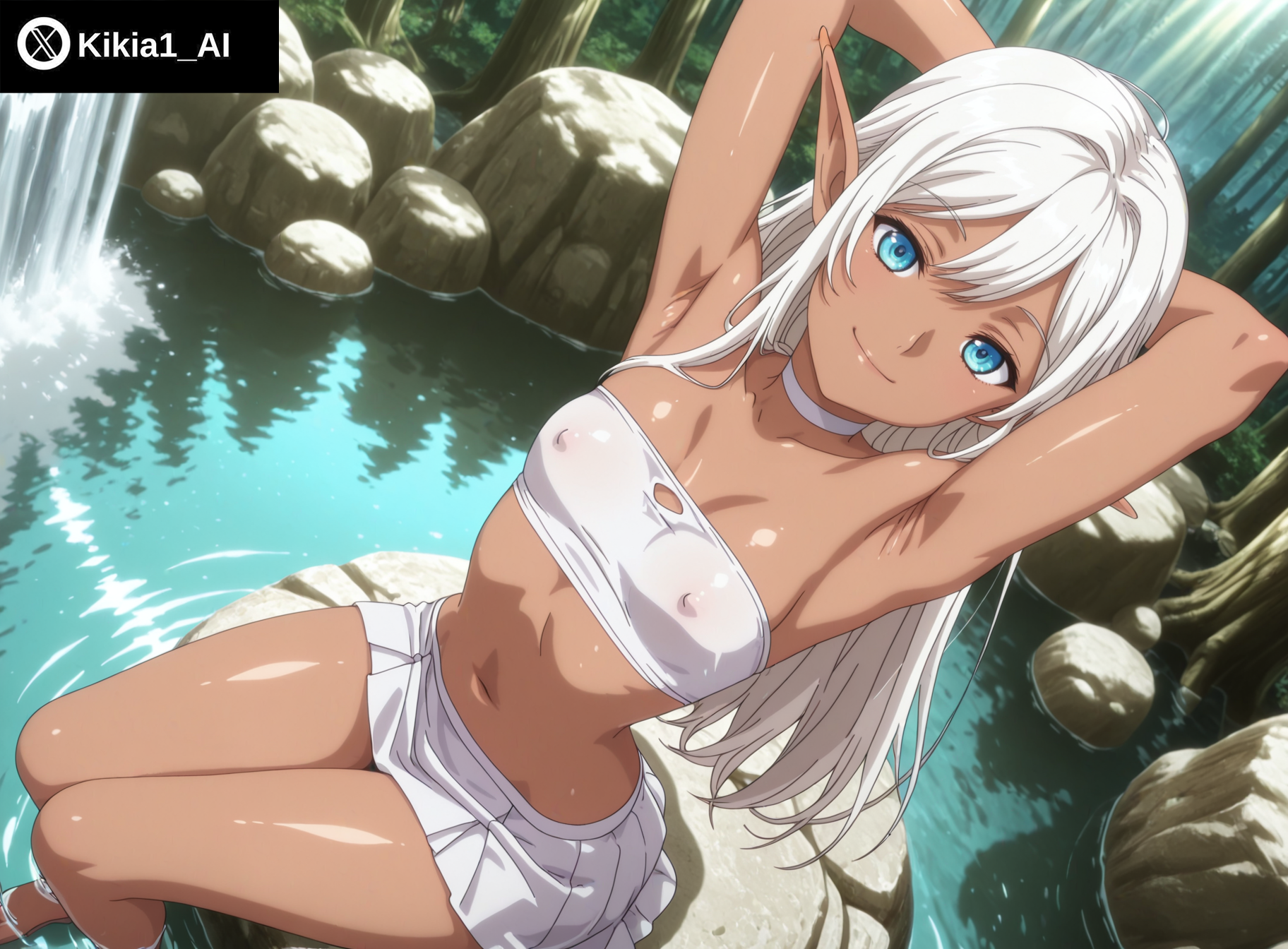 ai generated, armpits, blue eyes, breasts, dark skin, dark-skinned female, dutch angle, eleonor (taimanin rpgx), elf, elf ears, elf female, elf girl, female, from above, hands behind head, kikia1, legs together, long hair, looking at viewer, narrow waist, outdoors, presenting armpit, sitting, skinny, skinny female, slender legs, small breasts, taimanin (series), toned, toned body, toned female, white hair