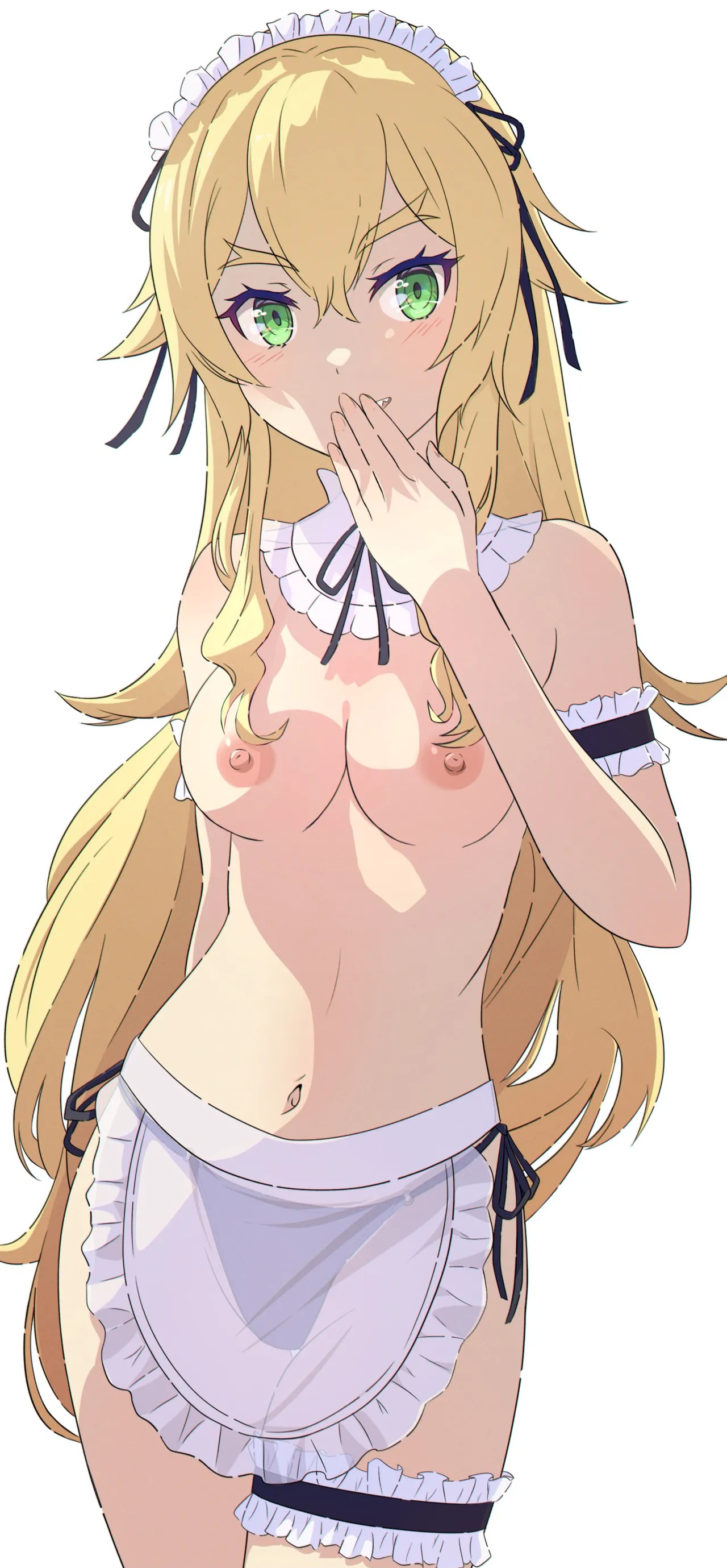 1girls, apron, bangs, big breasts, bikini bottom, blonde, blonde female, blonde hair, blonde-haired female, blush, breasts, covered mouth, female, female only, frederica baumann, green eyes, green-eyed female, hand on mouth, long hair, long-haired female, looking at viewer, maid, maid apron, maid headdress, maid outfit, mini apron, na-suke, no bra, re:zero kara hajimeru isekai seikatsu, sharp teeth, sole female, tagme, teeth, teeth visible, thick thighs, thigh strap