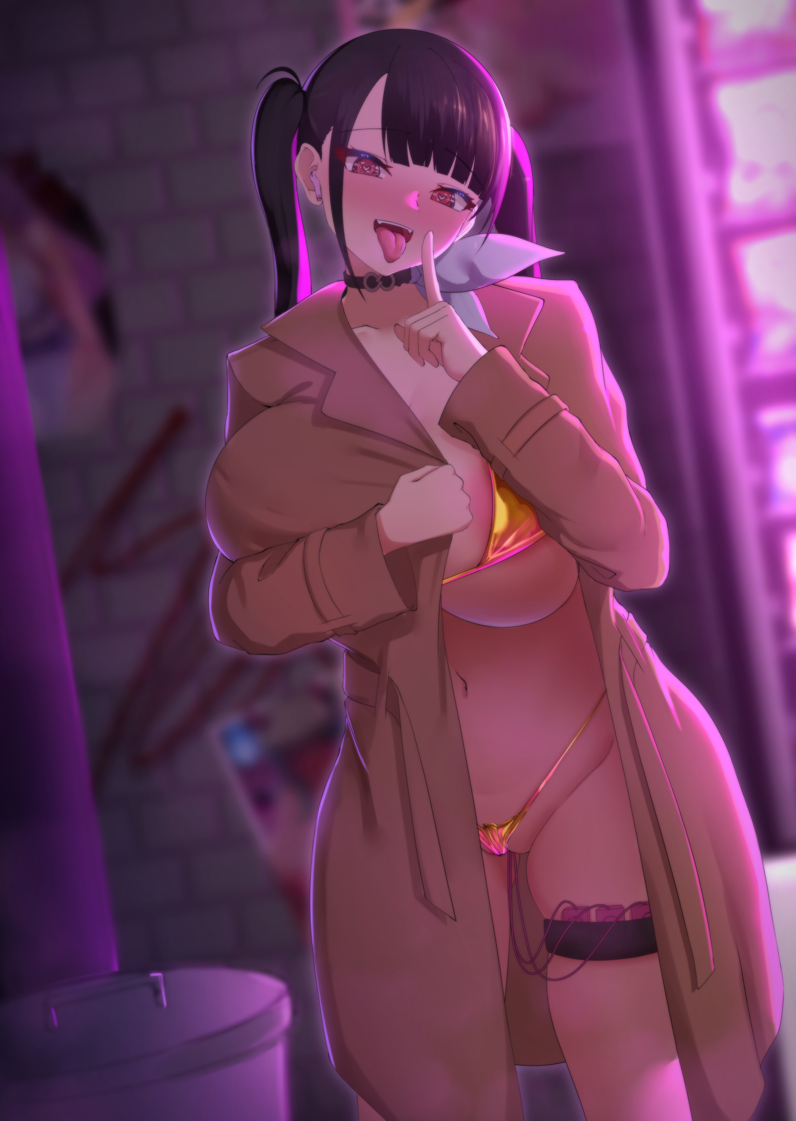 absurdres, areola slip, bikini, black choker, black hair, breasts, choker, coat, dearonnus, egg vibrator, female, goddess of victory: nikke, gold bikini, highres, huge breasts, index finger raised, micro bikini, open mouth, public indecency, red eyes, sex toy, solo, sora (nikke), swimsuit, tongue, tongue out, trench coat, twintails, vibrator, vibrator cord, vibrator in thigh strap