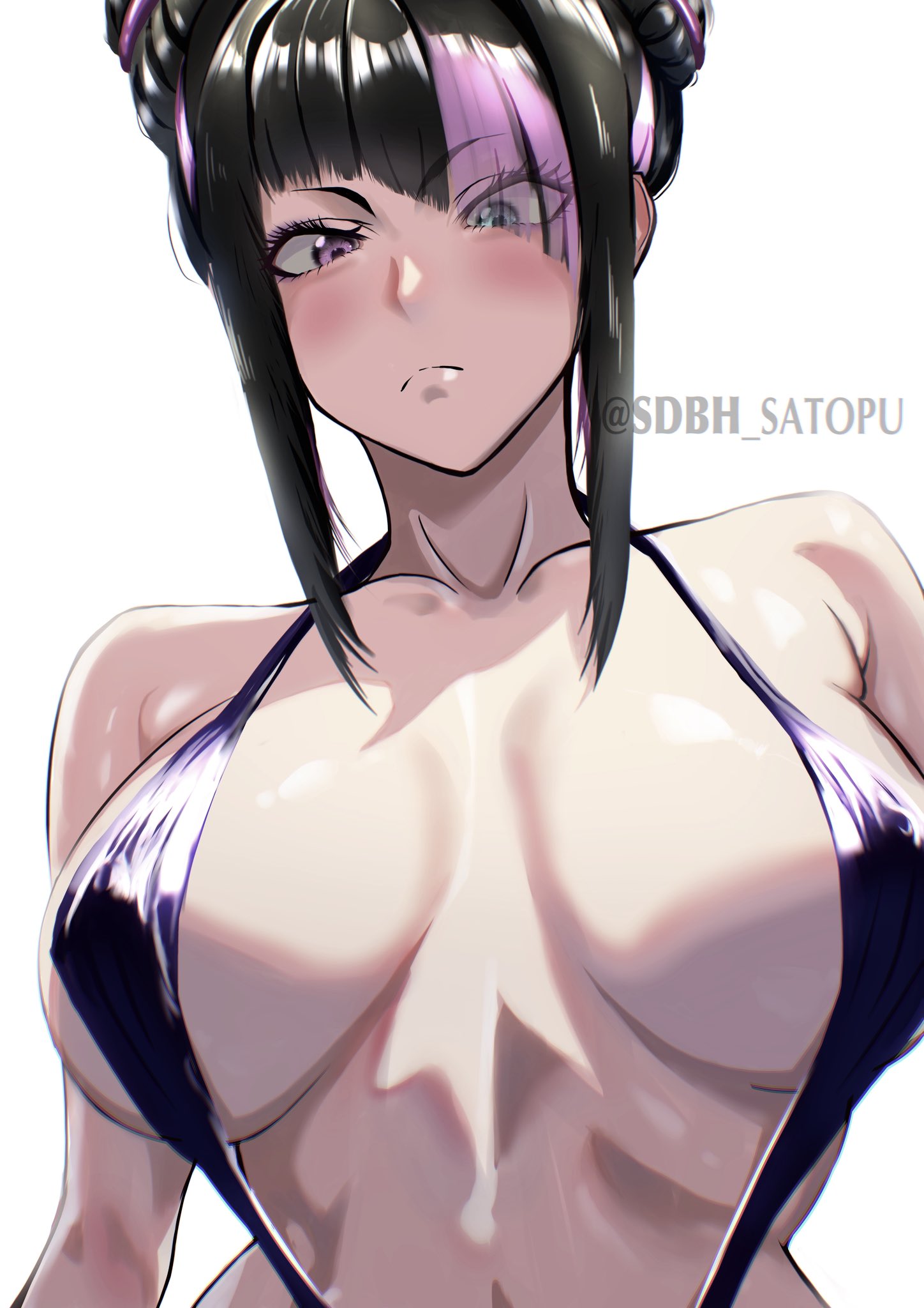 1girls, artist name, barely clothed, black hair, breasts, busty, capcom, female, hair over one eye, heterochromia, huge breasts, juri han, light skin, light-skinned female, nipples visible through clothing, pink streak, sdbh satopu, street fighter, upper body, white background