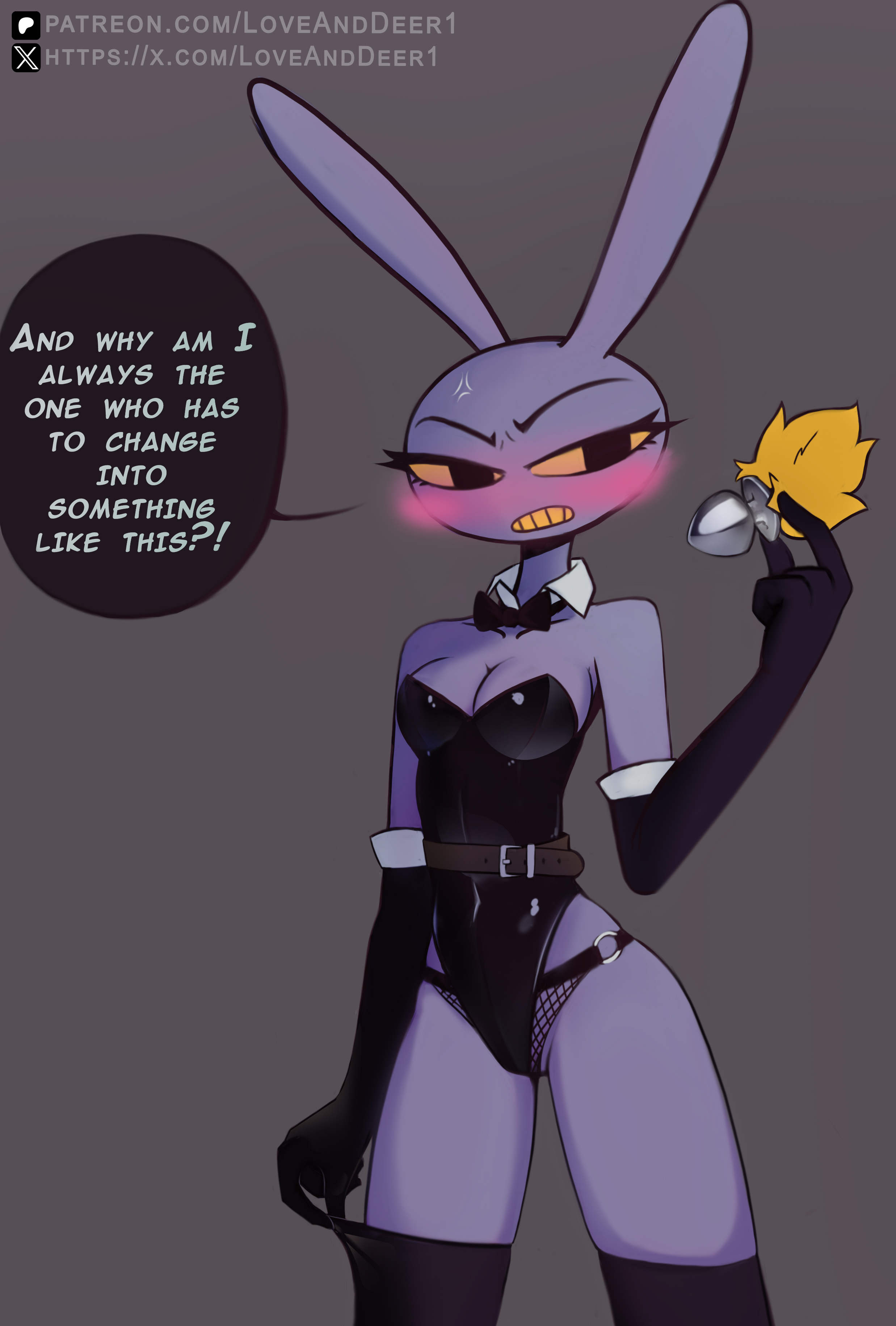 anal plug, breasts, bunnysuit, buttplug, buttplug tail, daisy, female, female jax, glitch productions, jax (the amazing digital circus), loveanddeer1, purple body, rabbit ears, rabbit girl, rabbit tail, rule 63, solo, the amazing digital circus, transfem, yellow eyes, yellow tail