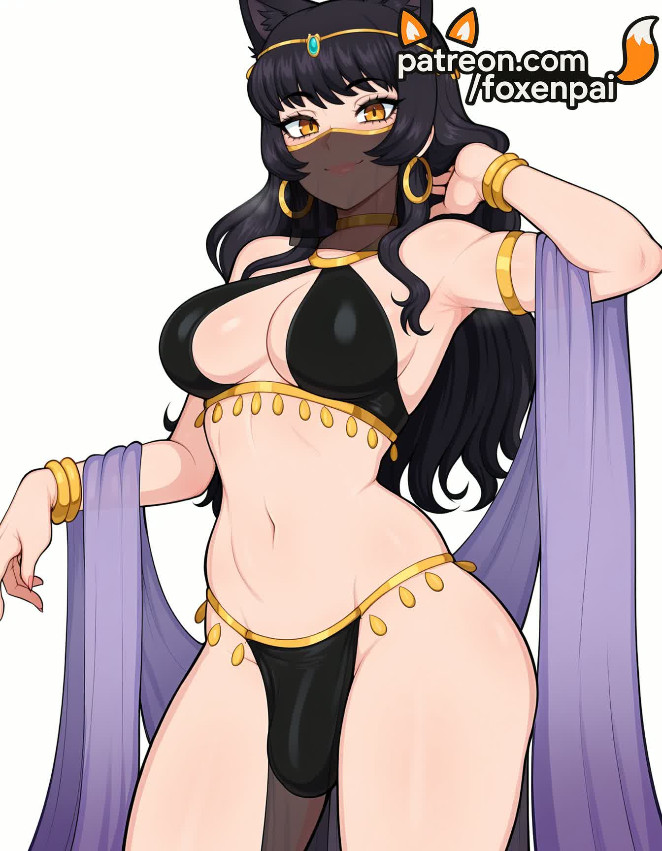 1futa, 2025, ai generated, animal ears, armlet, armpits, artist name, average breasts, black hair, blake belladonna, bracelet, breasts, bust, chest, earrings, foxenpai, futanari, hi res, high quality, high resolution, highres, intersex, jewelry, long hair, medium breasts, navel, normal breasts, patreon, patreon username, rwby, smile, solo, stable diffusion, watermark, white background