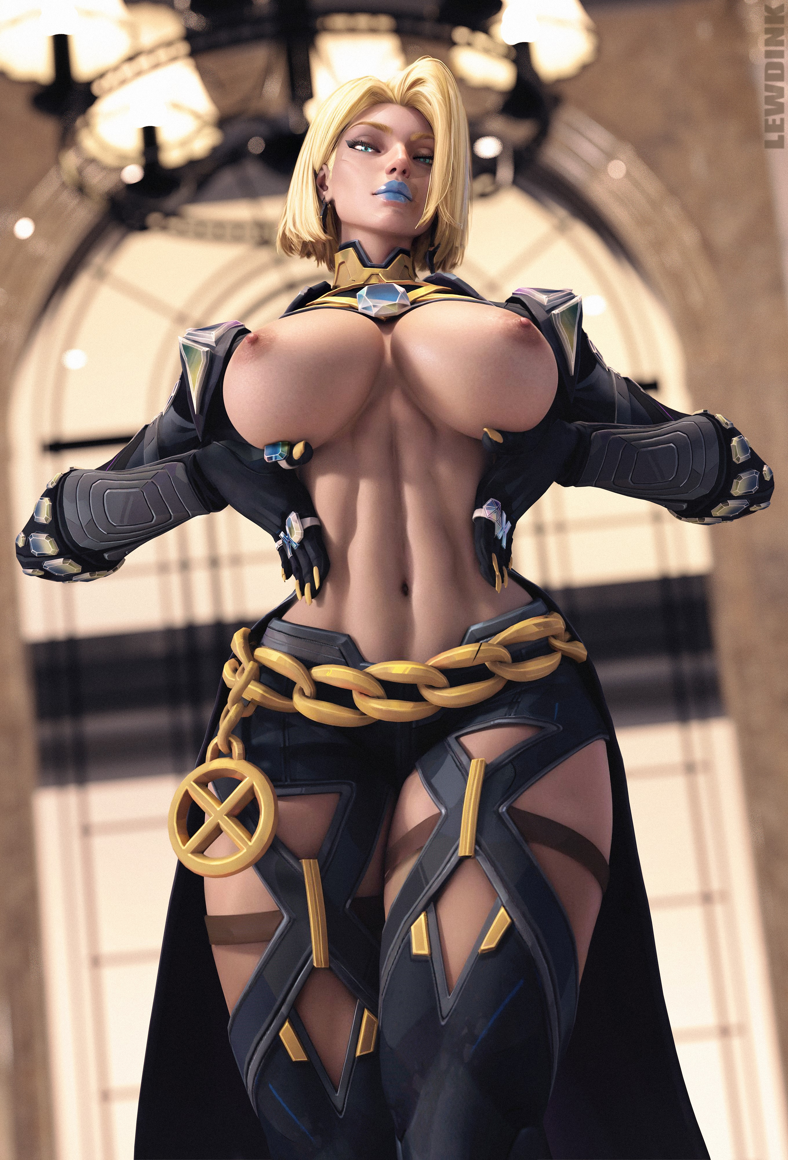 1girls, 3d, 3d (artwork), abs, alternate hairstyle, areola, belly button, below view, belt, big breasts, black clothing, black gloves, black legwear, blonde eyebrows, blonde female, blonde hair, blue eyes, blue lipstick, blurry background, bob cut, breastless clothes, breasts, breasts out, chain belt, closed mouth, detailed background, emma frost, emma frost (marvel rivals), emma frost (x-revolution), emotionless, emotionless female, eyebrows, eyelashes, female, flat belly, from above, front view, gloves, gold collar, golden nails, hair behind ear, hair over one eye, half-closed eyes, hands on waist, hip vent, huge breasts, large breasts, legs together, legwear, lewdink, light skin, light-skinned female, linea alba, long nails, looking at viewer, looking down, looking down at viewer, low-angle view, marvel, marvel comics, marvel rivals, mature, mature female, medium hair, milf, navel, nipples, no bra, paid reward available, pink nipples, short hair, showgirl skirt, solo, standing, thick legs, thick thighs, thigh boots, thighs, viewed from below, viewed from front, waist, window, x-men