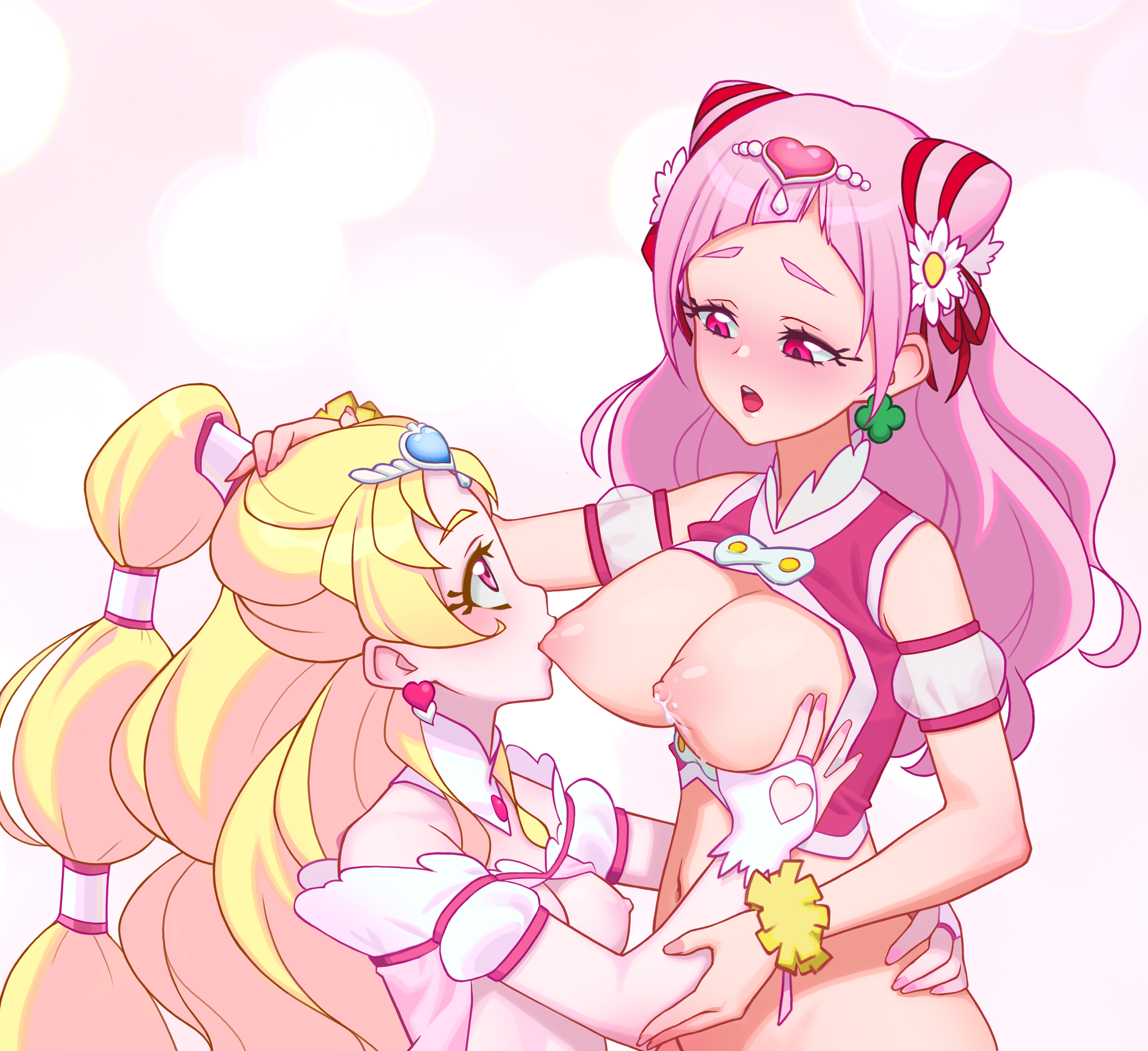 2girls, blonde hair, breast feeding, breasts, cure tomorrow, cure yell, female, female only, hugtto! precure, incest, lesbian, light skin, light-skinned female, magical girl, mother and daughter, mother and future daughter, nipples, nono hana, nypdesu, pink eyes, pink hair, precure, pretty cure, toei animation, yuri