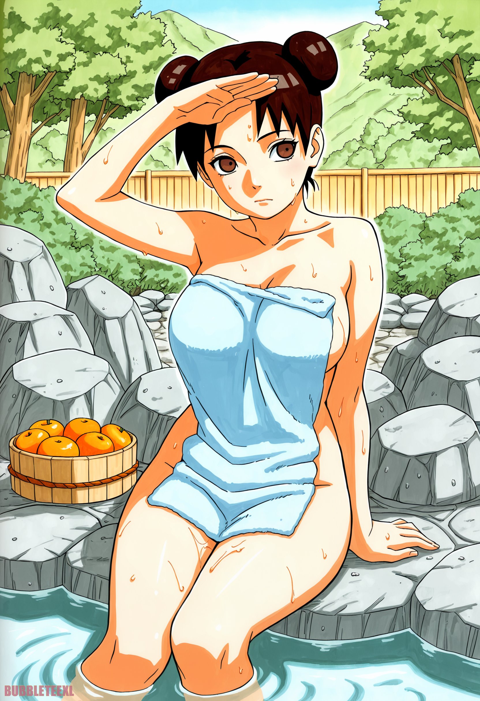 1girls, ai generated, apple, arm support, artist name, ass support, bare legs, bare shoulders, breasts, brown eyes, brown hair, bubbleteexl, bucket, busty, cleavage, closed mouth, collarbone, colored, covered nipples, covered pussy, double bun, female, female only, fruit, functionally nude, functionally nude female, hand on forehead, high resolution, hot spring, knees together feet apart, kunoichi, legs together, light skin, light-skinned female, looking away, looking to the side, manga style, matching hair/eyes, mostly nude, mostly nude female, naked towel, naruto, naruto (classic), naruto (series), naruto shippuden, ninja, nude, nude female, onsen, parted bangs, partially submerged, pinup, pussy, relaxing, rocks, short hair, solo, steam, teenage female, teenager, tenten, tied hair, towel, towel only, upper body, water, watermark, wet, wet body, wet skin