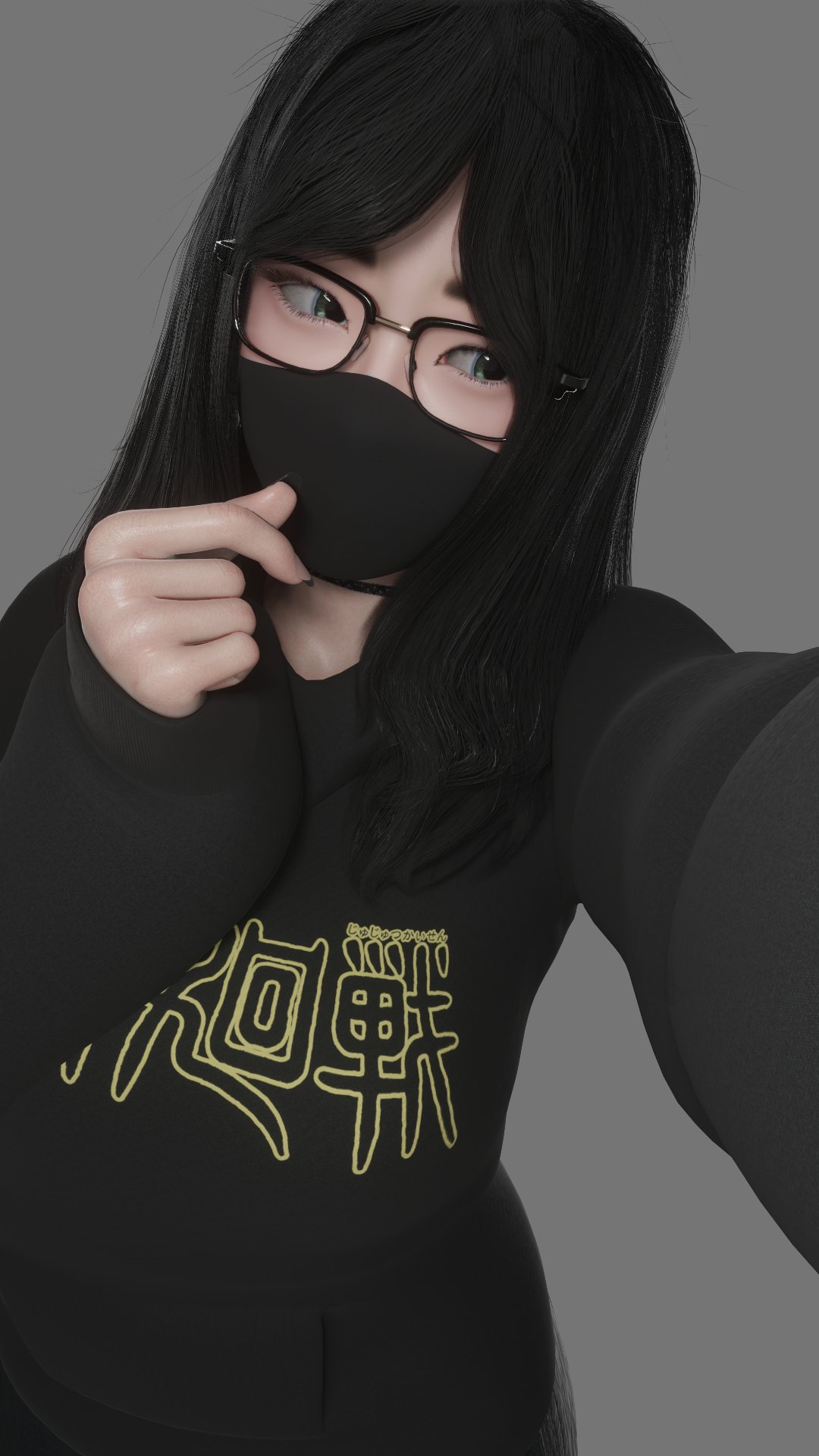 1girls, 2025, 3d, alternate version available, black french tip, black hair, choker, clothed, clothed female, covered face, cropped legs, eunji (mslewd), eyeglasses, eyewear, face mask, female, female only, french tip, green eyes, grey background, hoodie, image set, long hair, loodiverse, looking away, mslewd, nail polish, original, original character, oversized clothes, painted nails, pants, shy, shy female, simple background, solo, upper body