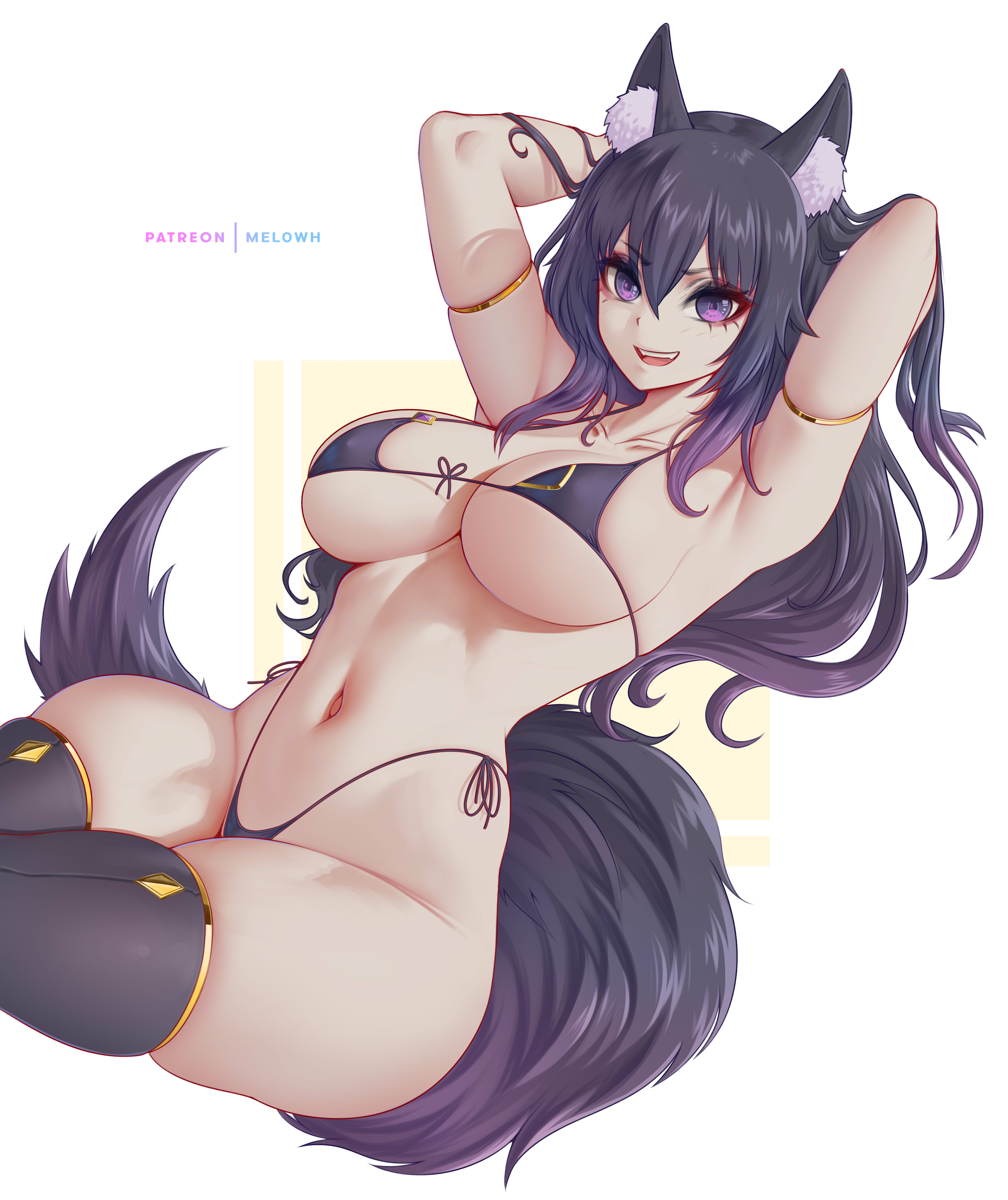 1girls, absurdres, animal ear fluff, animal ears, armpits, artist name, bikini, black hair, breasts, cleavage, collarbone, commentary, delta (kage no jitsuryokusha ni naritakute!), delta (the eminence in shadow), english commentary, female, female only, hair between eyes, highleg, highleg bikini, highres, kage no jitsuryokusha ni naritakute!, large breasts, long hair, looking at viewer, melowh, navel, open mouth, patreon username, purple eyes, simple background, smile, solo, swimsuit, tail, the eminence in shadow, thighhighs, thighs, thong, white background, wolf ears, wolf girl, wolf tail