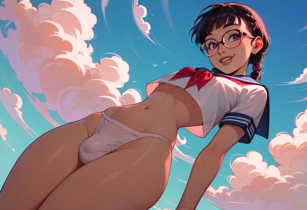 1boy, 1femboy, ai generated, alternate version available, balls, braid, bulge, crossdressing, femboy, feminine male, girly, glasses, male, panties, pheobeai, round glasses, sailor collar, school uniform, schoolgirl uniform, testicles, thighs, trap, white panties