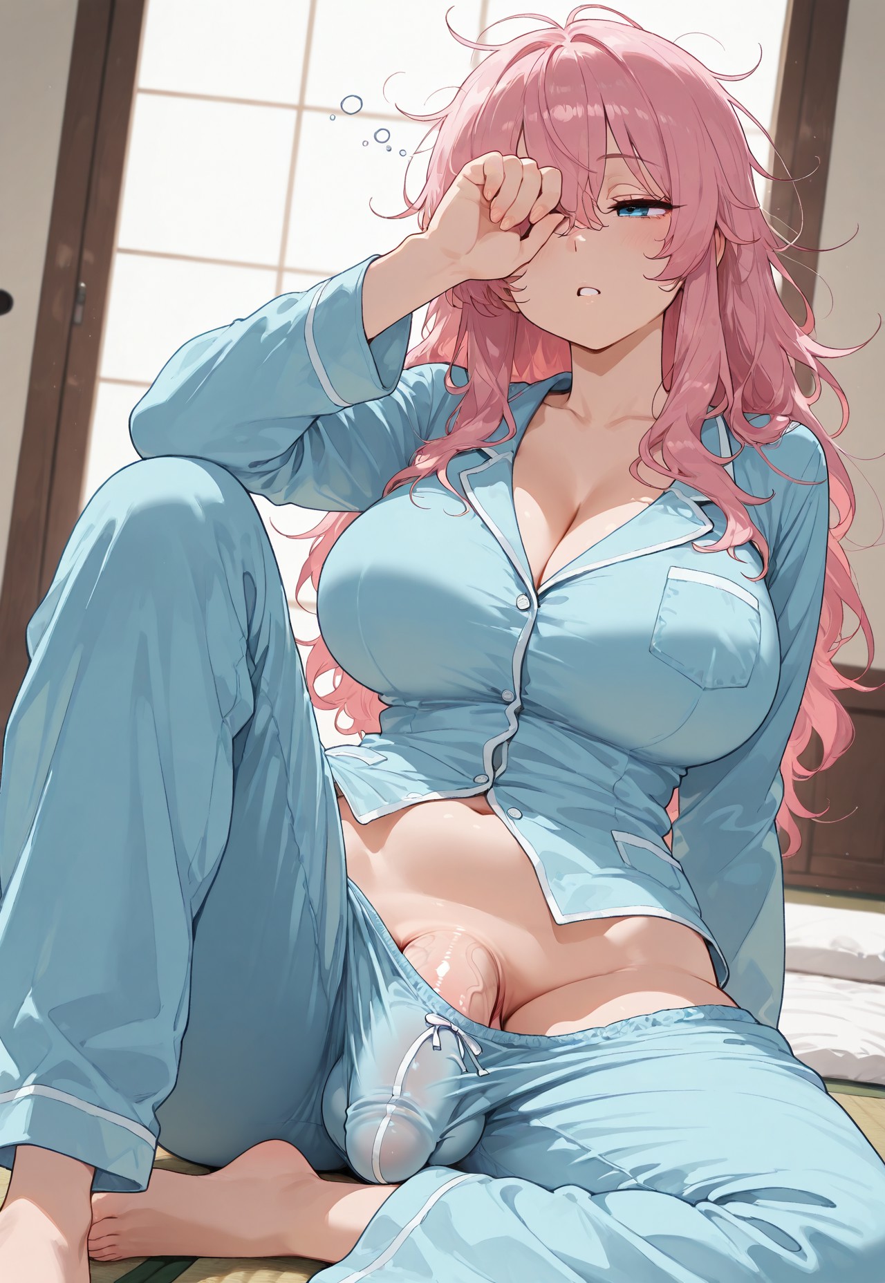 1futa, ai generated, balls, big breasts, big penis, blue eyes, breasts, cleavage, flaccid, futa only, futanari, huge breasts, intersex, jamesbron, large breasts, long hair, messy hair, no panties, on floor, pajamas, pants pull, penis, penis bulge, penis peek, pink hair, sitting, sitting on floor, sleepy, solo, solo futa, teasing penis, wide hips