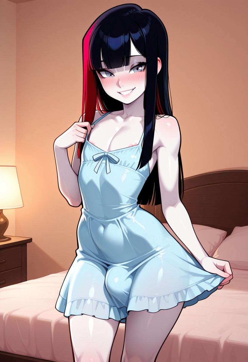 1boy, 1femboy, 2025, ai generated, alternate version available, balls, bulge, civitai, crossdressing, femboy, feminine male, girly, indoor, indoors, male, original, pale skin, pale-skinned femboy, penis, pinheadlarry (civitai), testicles, trap