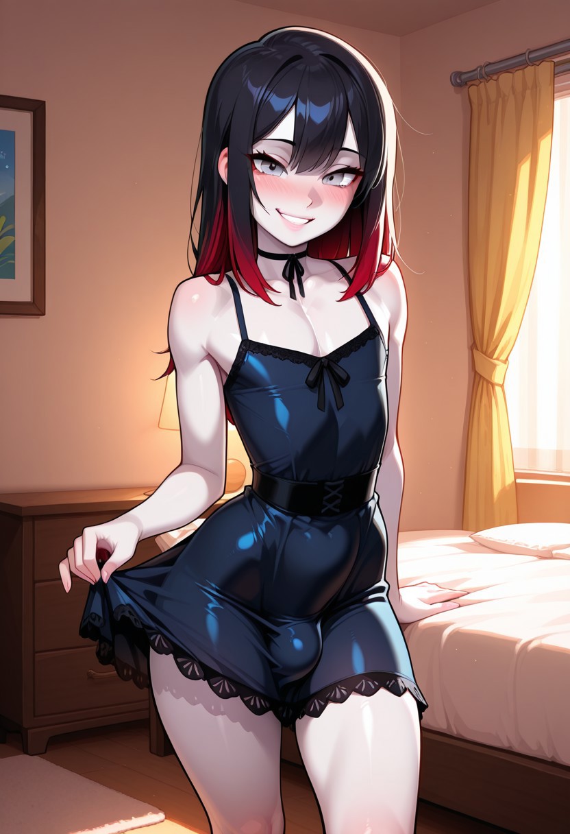 1boy, 1femboy, 2025, ai generated, alternate version available, balls, bulge, civitai, crossdressing, femboy, feminine male, girly, indoor, indoors, male, original, pale skin, pale-skinned femboy, penis, pinheadlarry (civitai), testicles, trap