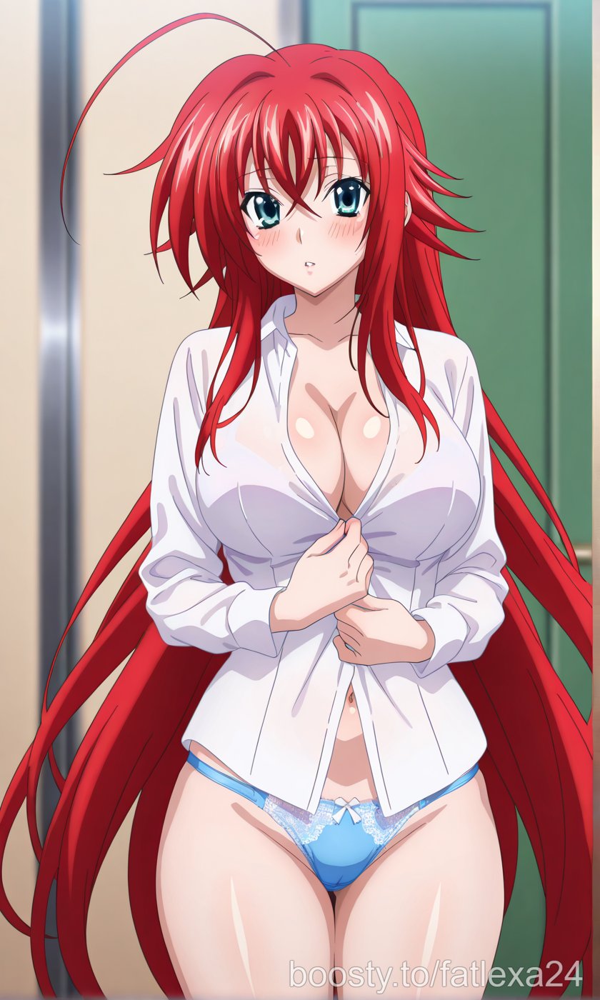 1girls, ai generated, big breasts, blue eyes, blush, breasts, cleavage, fatlexa24, female, female only, green eyes, high school dxd, huge breasts, light-skinned female, navel, panties, parted lips, red hair, rias gremory, shirt, shy, solo, thighs