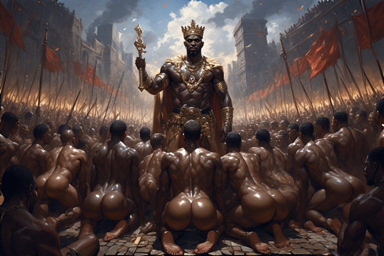 ai_generated big_ass big_butt clothed_male_nude_male dark-skinned_male kingdom kneeling nude nudity