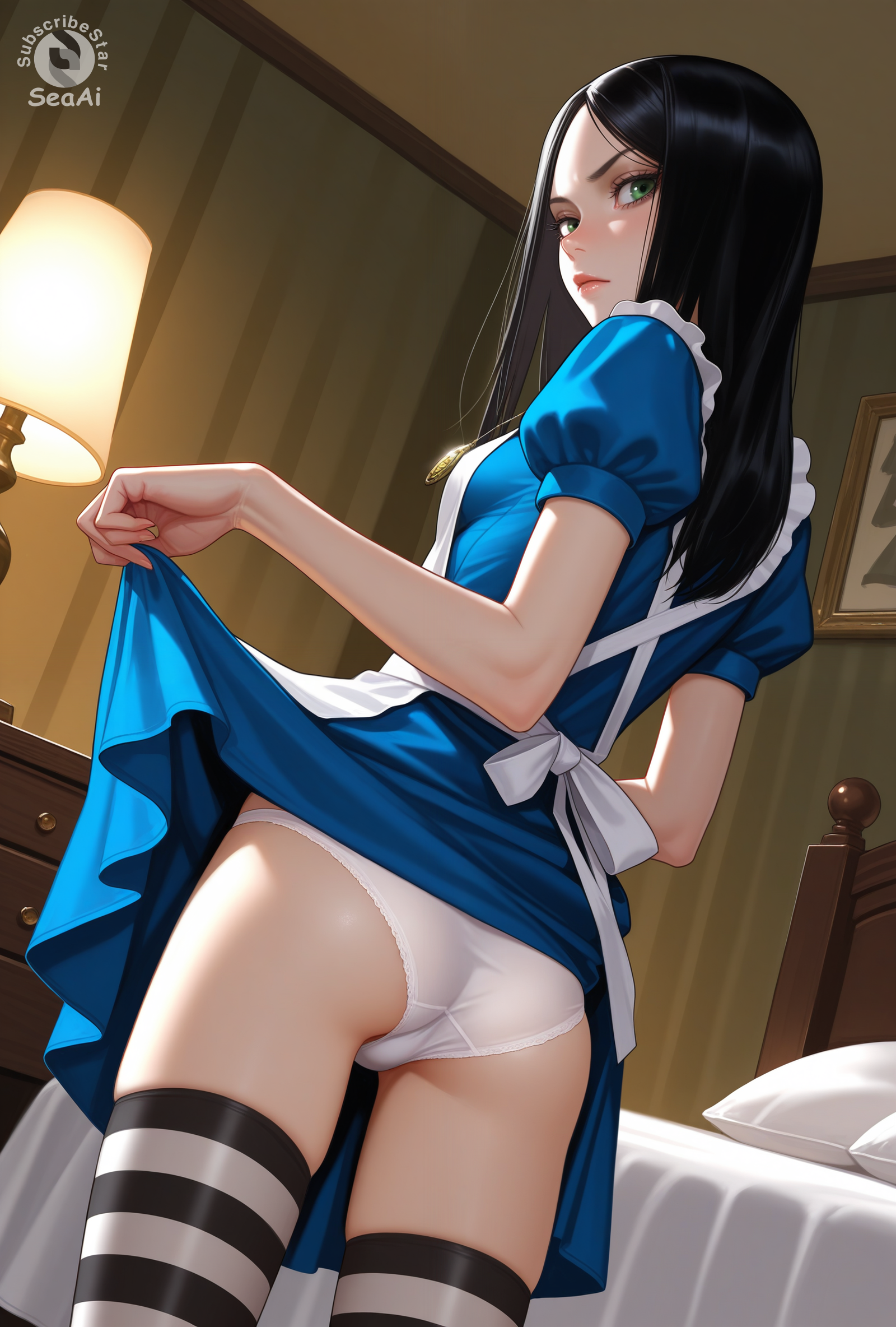 1girls, ai generated, alice (madness returns), alice in wonderland, alice liddell, alice madness returns, american mcgee's alice, ass, cowboy shot, dress, dress lift, female, female only, from behind, frown, lifting own clothes, looking at viewer, looking back, looking back at viewer, panties, seacreator, serious, serious look, skinny, solo, standing, stockings, thighhighs