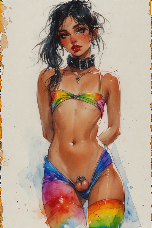 1boy, 1femboy, ai generated, blacker666, chastity, chastity cage, choker, cock cage, dark hair, femboy, gay, iran, iranian, male, male only, penis, persian (iranian), rainbow, rainbow clothing, sissy, solo, tanned, tanned male, tanned skin, twink, yaoi