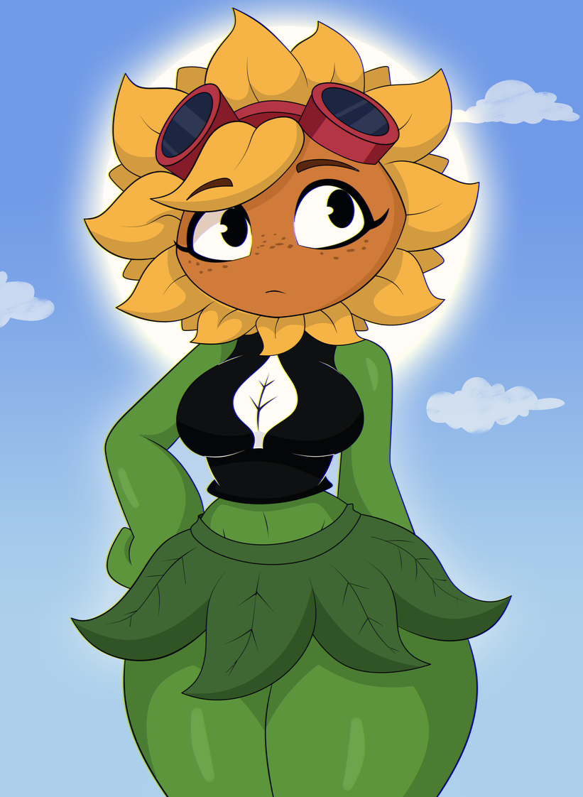 anthro, bage21, female, flora fauna, green body, green skin, hand on hip, midriff, plant, plants vs zombies, pvz, skirt, solar flare (pvz), solo, solo female, solo focus, sunflower (pvz), superbage, thicc, thick thighs, wide hips